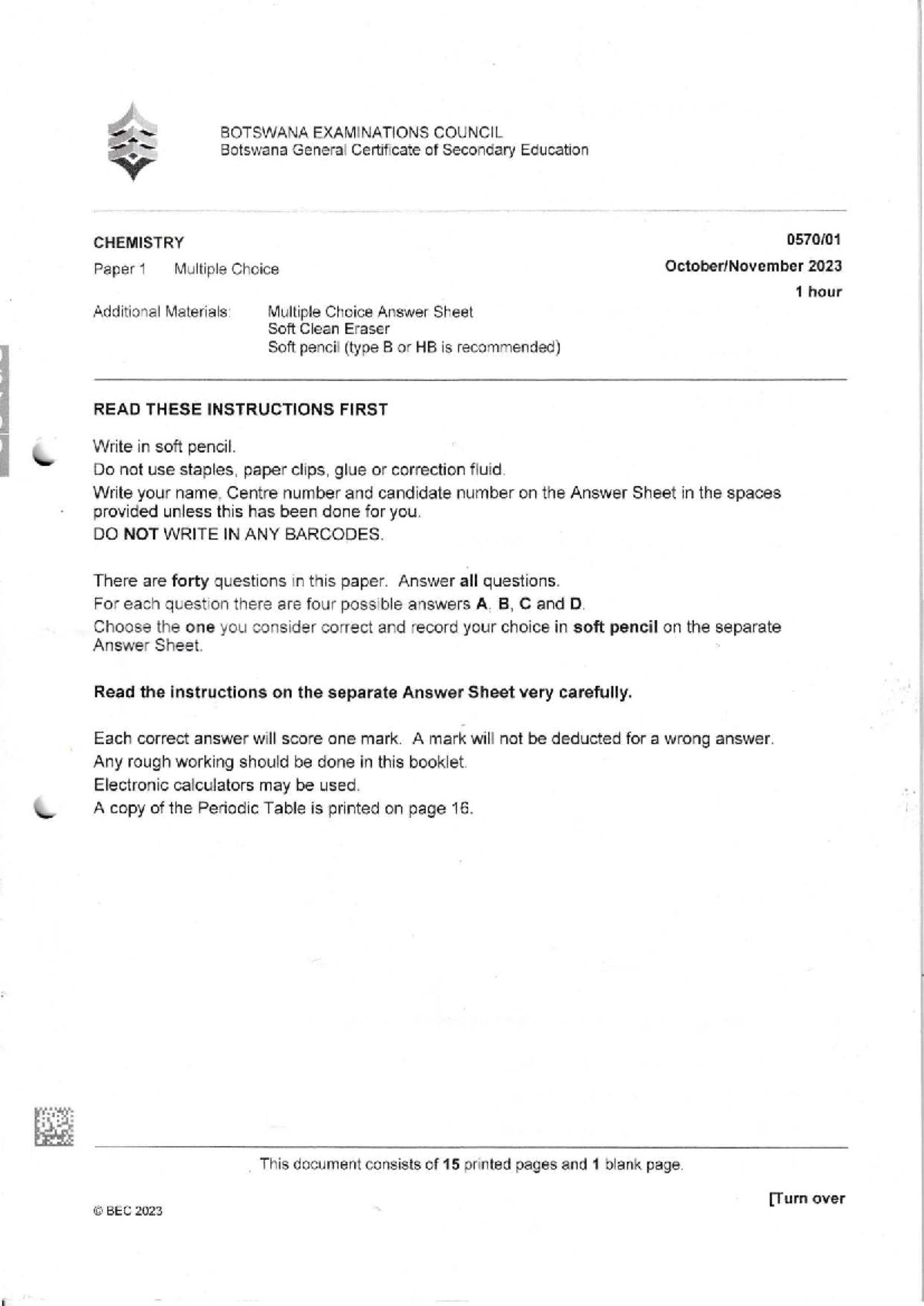 2023 BGCSE CHEMISTRY Paper 1 - Practice Material - Studocu