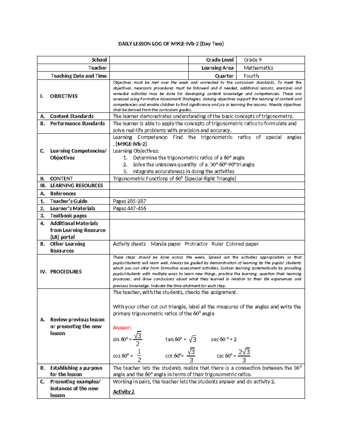 IV-Day 6 - Daily lesson log for math - DAILY LESSON LOG OF M9GE-IVb-2 ...