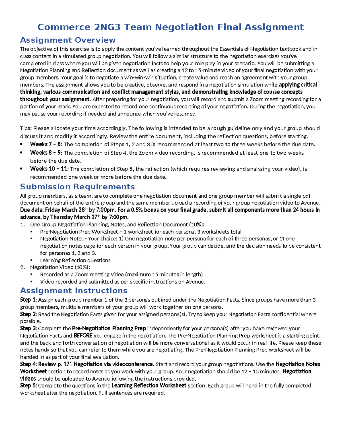 Commerce 2NG3 Team Negotiation Final Assignment Overview and Guidelines ...