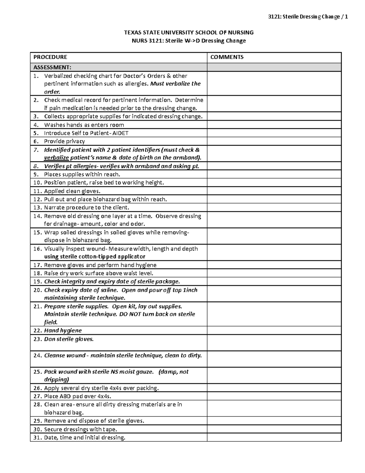 NURS 3121: Sterile Dressing Change Procedure Checklist - Studocu
