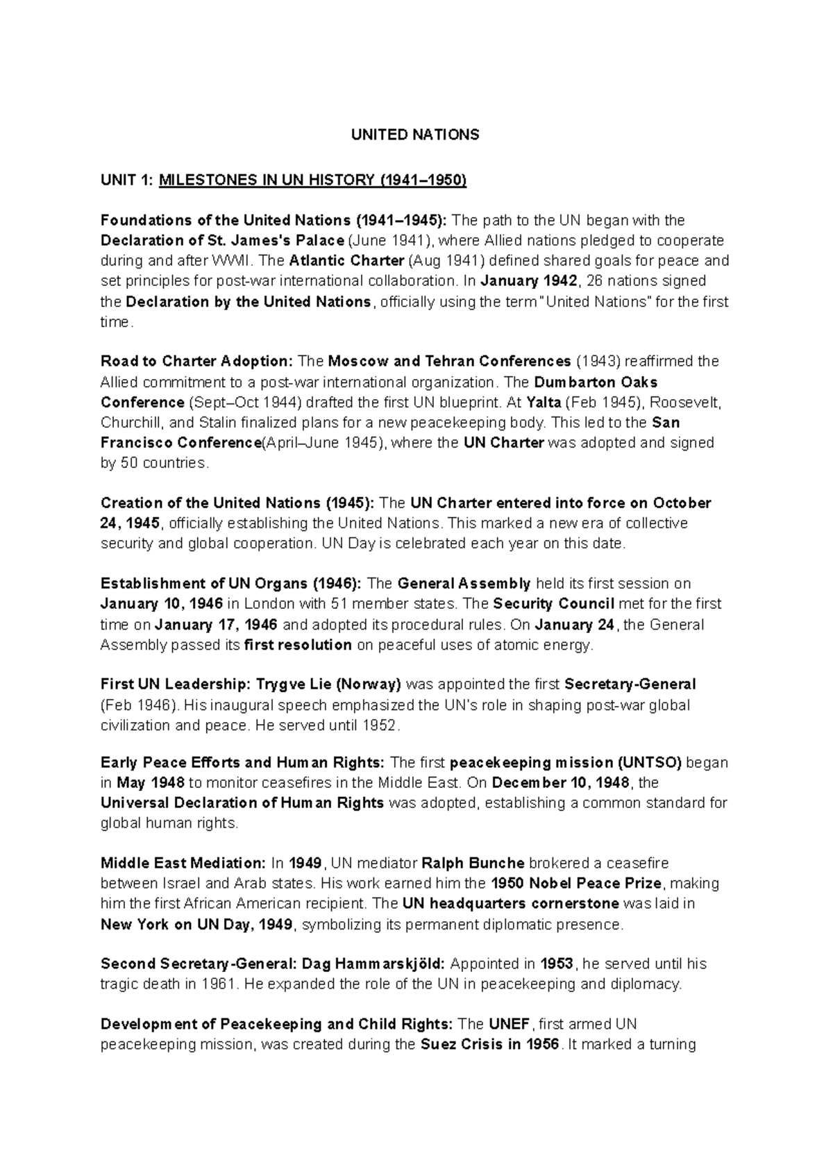 UNITED NATIONS UNIT 1: MILESTONES IN UN HISTORY Overview and Key Events ...