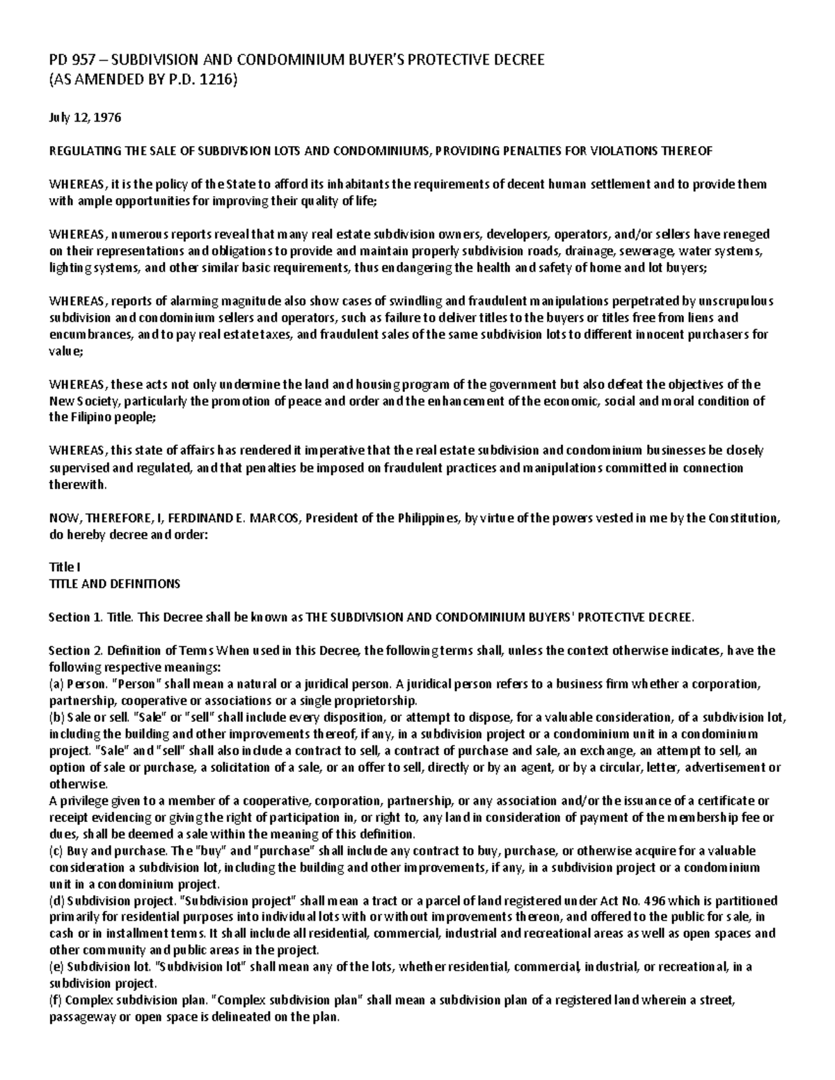 PD 957: Subdivision and Condominium Buyer Protection Guidelines - Studocu