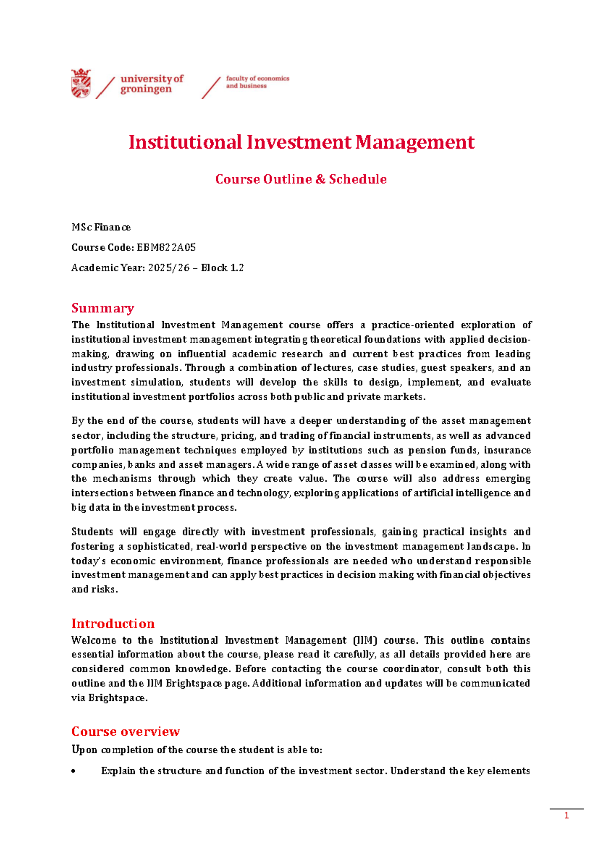 Institutional Investment Management Course Outline EBM822A05 2025-2026 ...