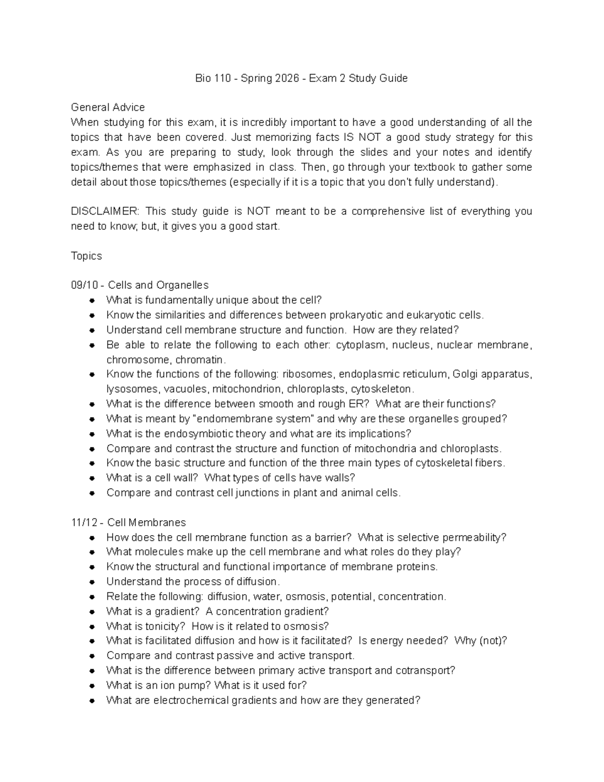 Bio 110 - Spring 2026 - Exam 2 Study Guide - Studocu
