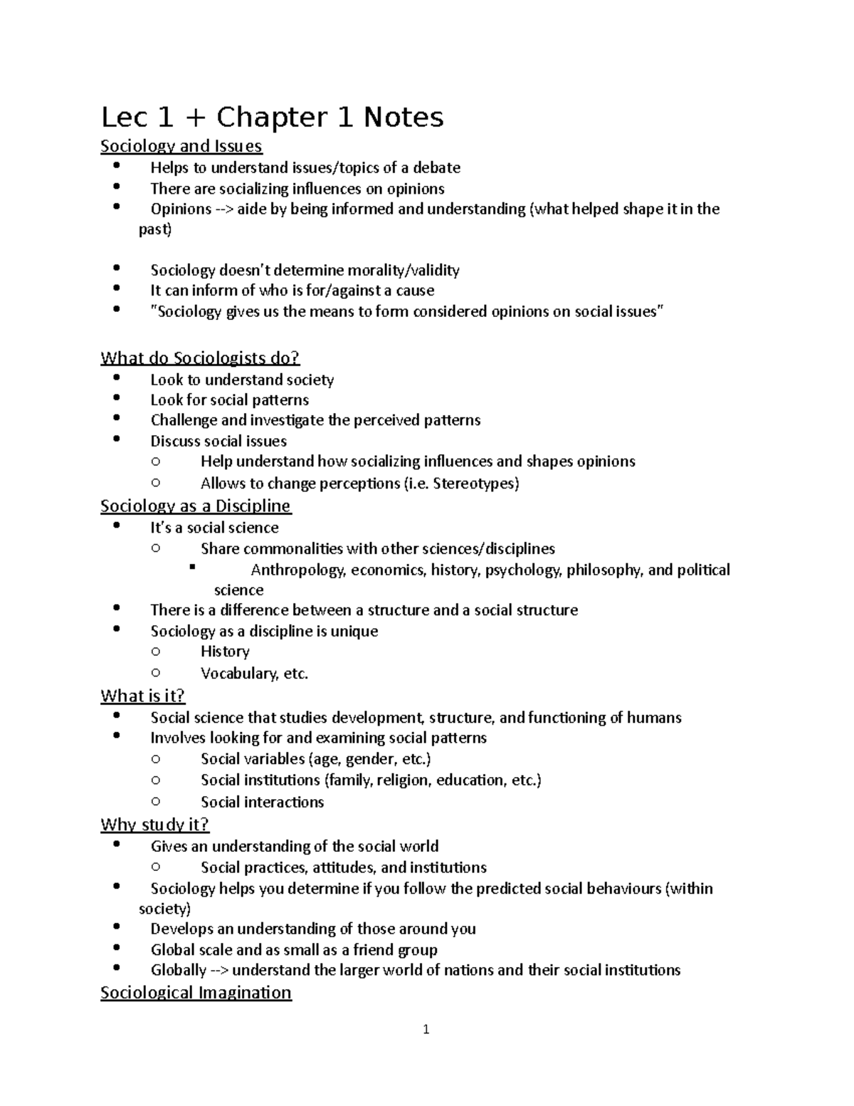 SOCI1015 Sociology Chapter 1 & 2 Summary Notes and Key Concepts - Studocu