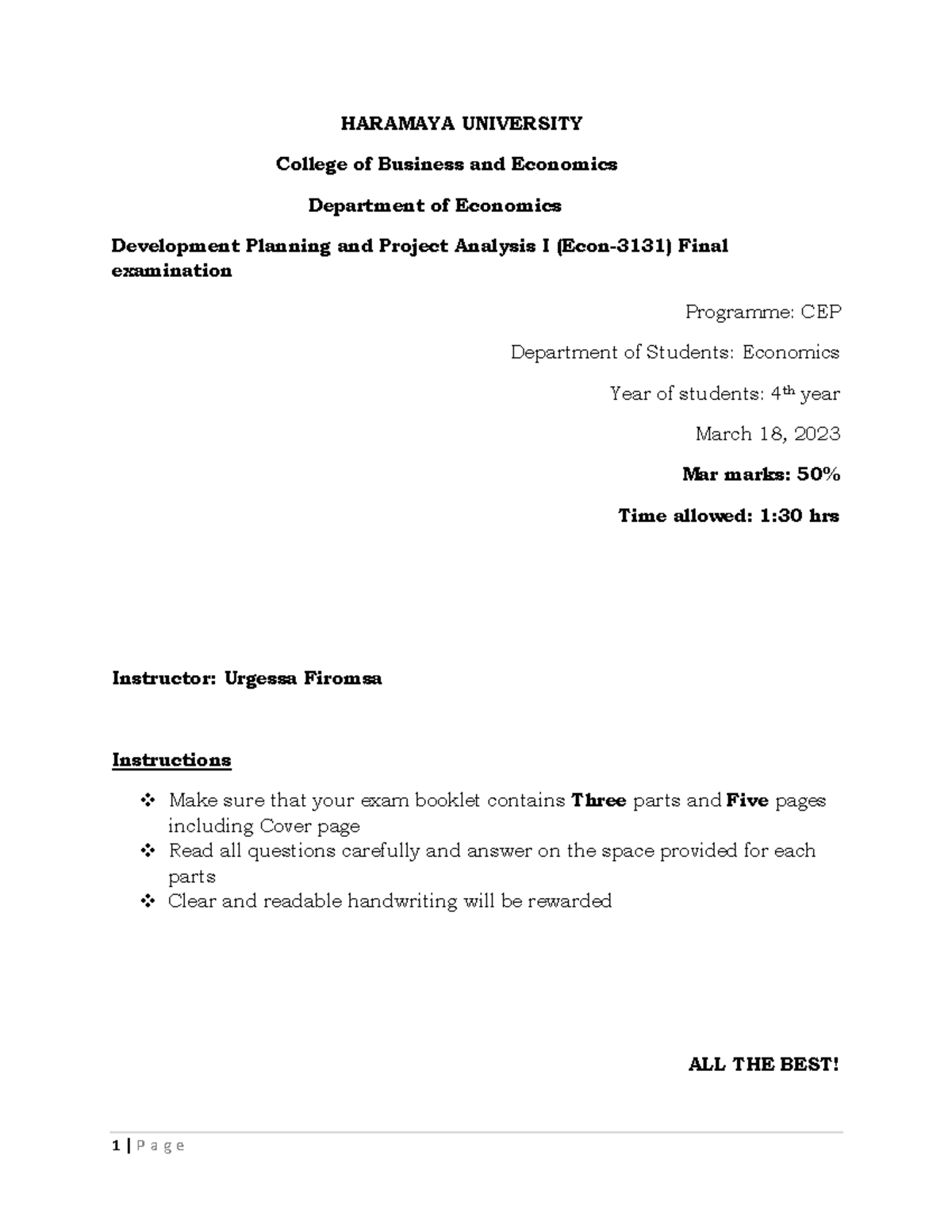 Econ-3131 Development Planning Final Exam Notes - Studocu