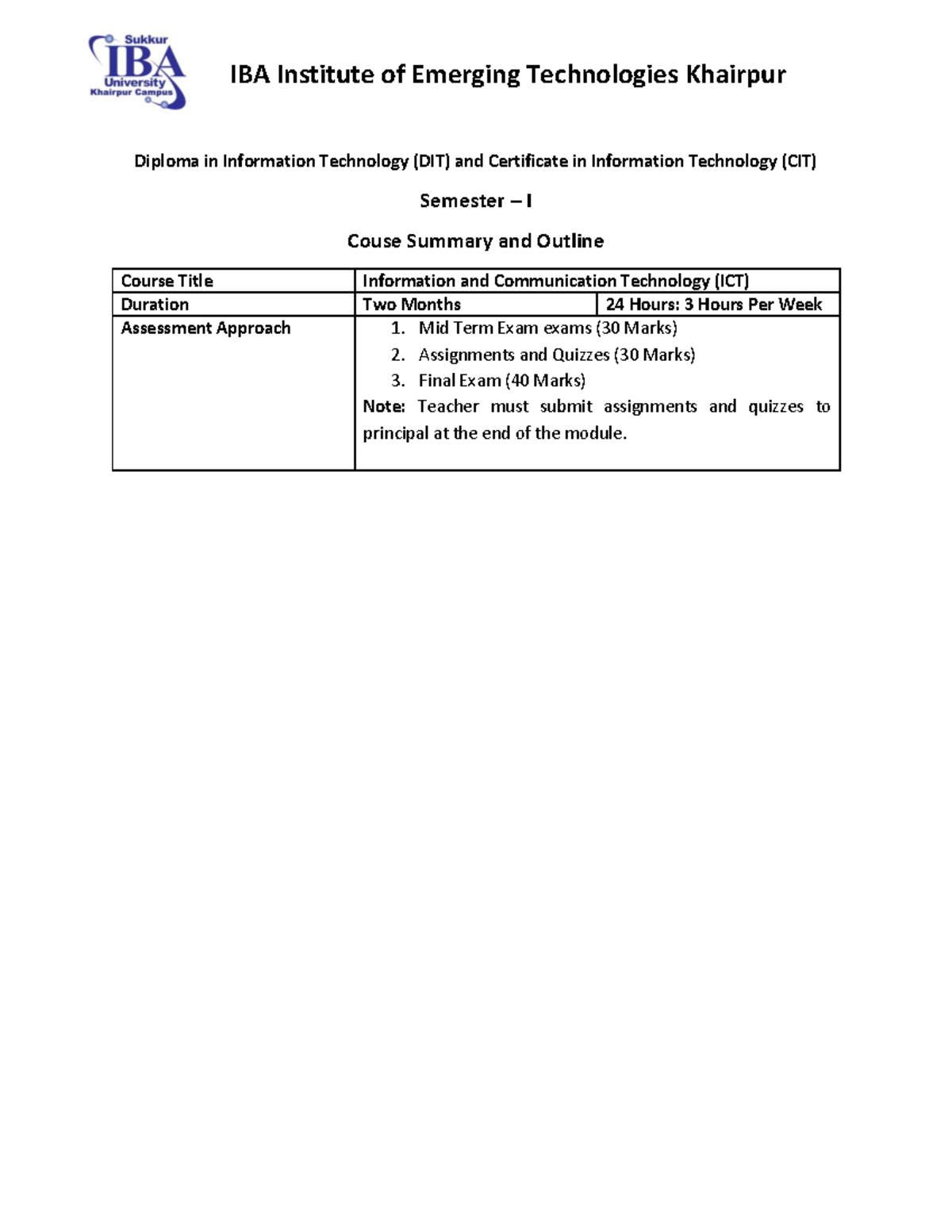 ICT - Course Outline for DIT and CIT Semester I - Studocu