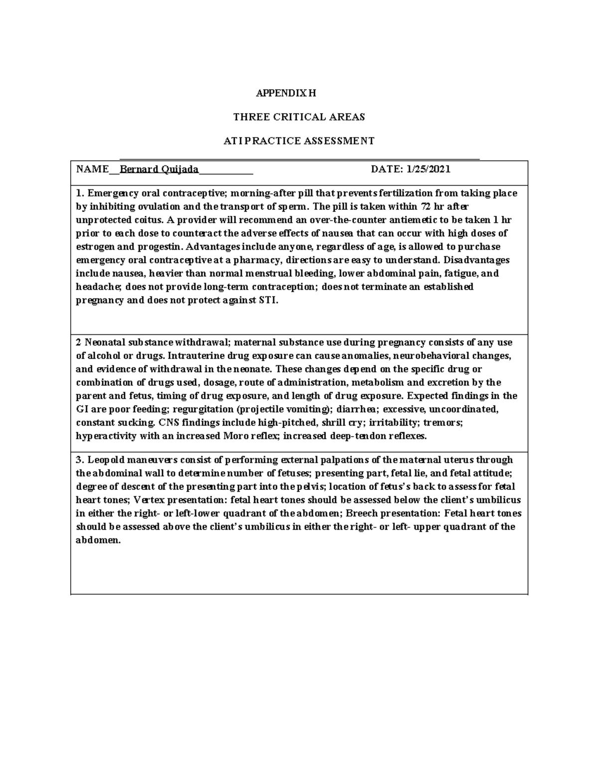 3 Critical Areas in Maternity: ATI Practice Assessment (APPENDIX H ...