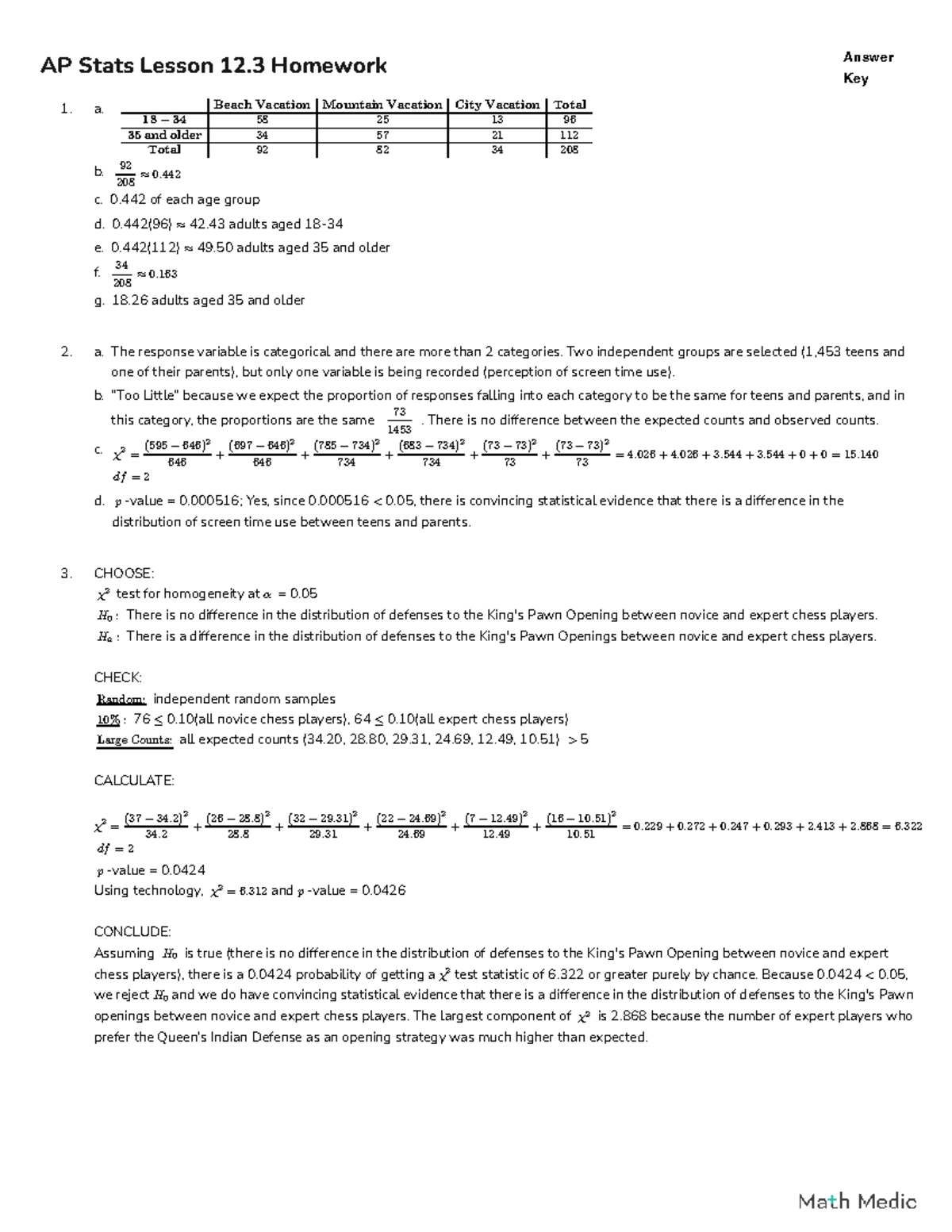 AP Stats 12.3 Lesson 12 Homework Key - Answers and Analysis - Studocu