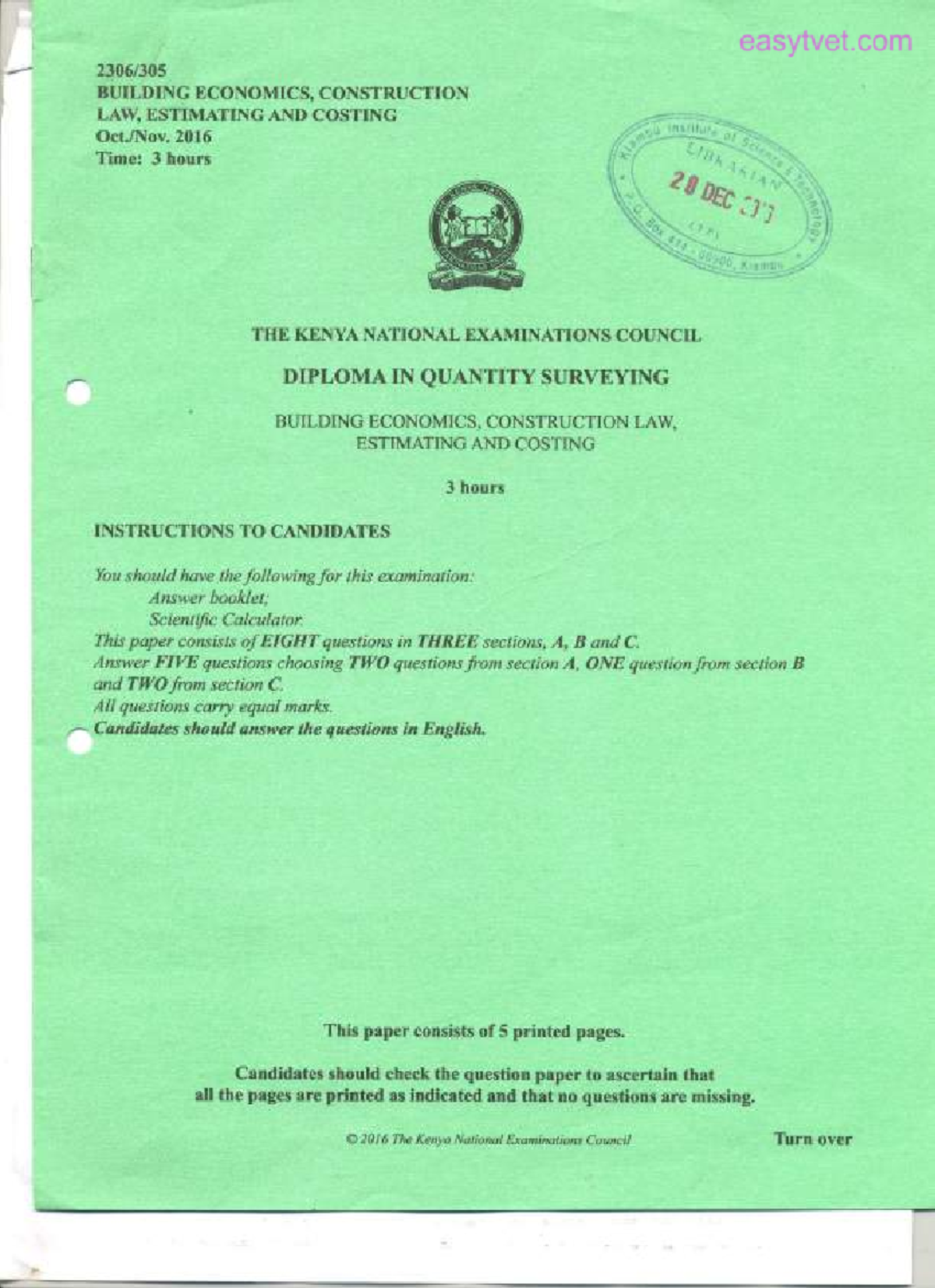 KNEC 200E: Building Economics, Construction Law & Costing Exam 2016 ...
