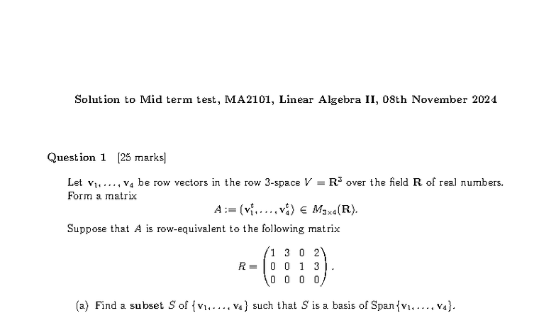 Solutions To Midterm Test Ma2101 Linear Algebra Ii Nov 8 2024 Studocu