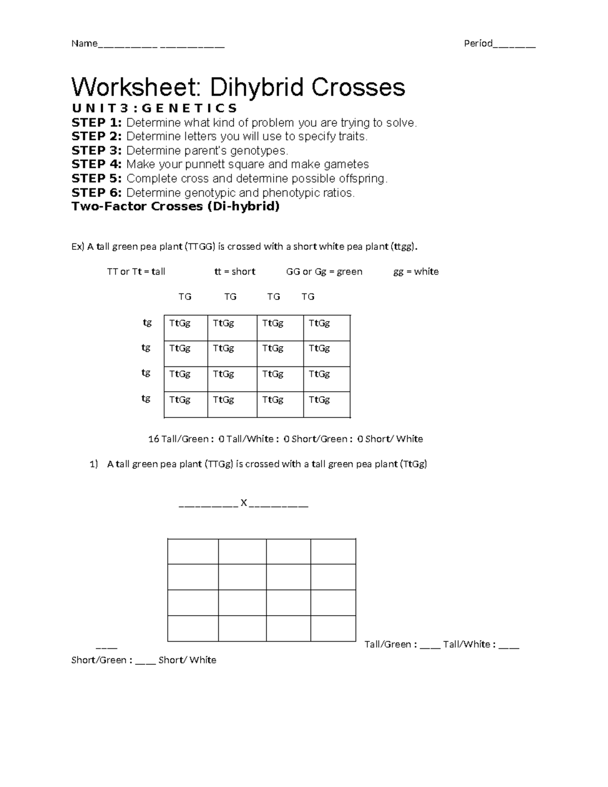 Dihybrid Cross Worksheet (Genetics Unit 3) for Success - Studocu