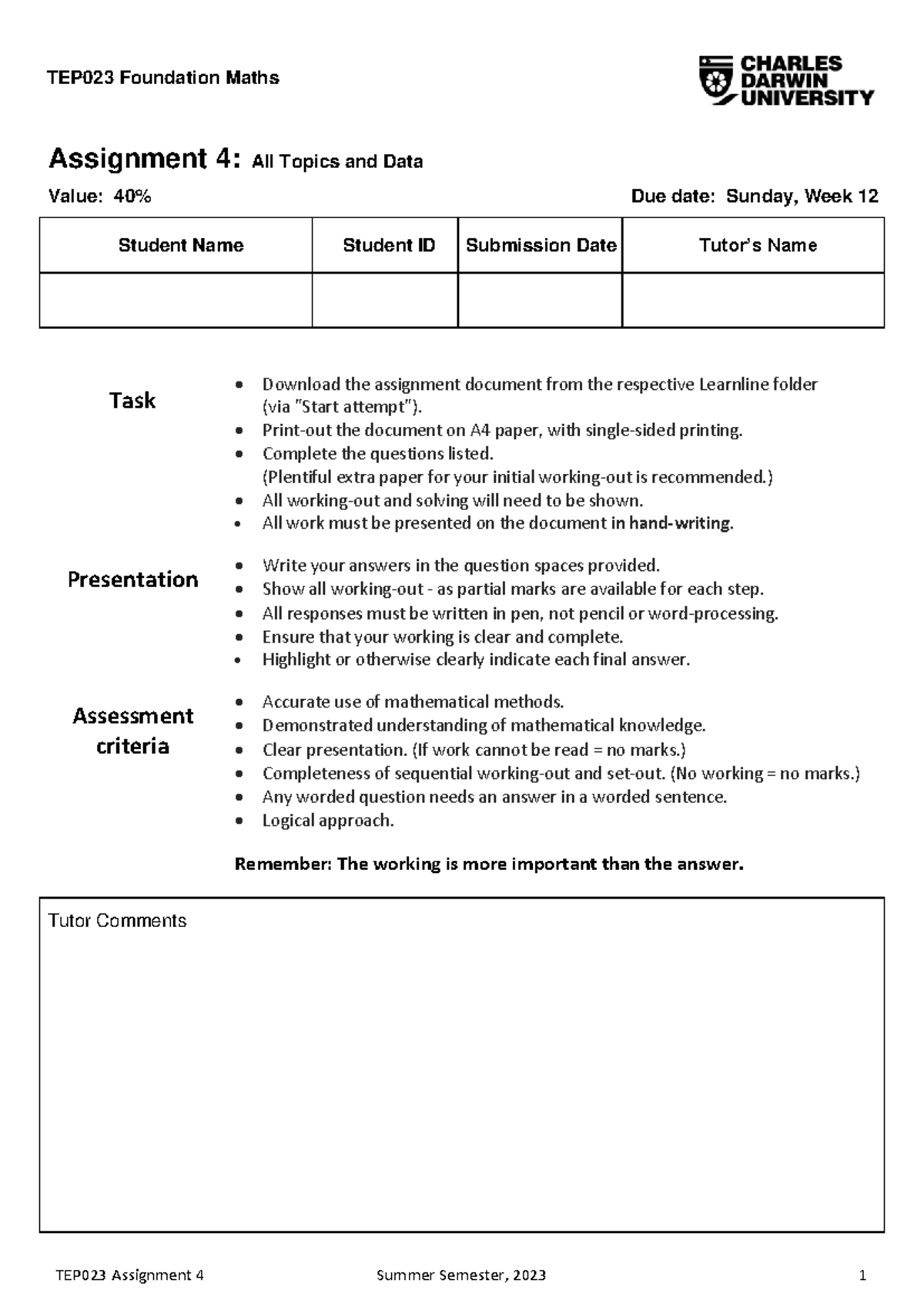 TEP023 Sem S 2023 Assignment 4: Comprehensive Foundation Maths Guide ...