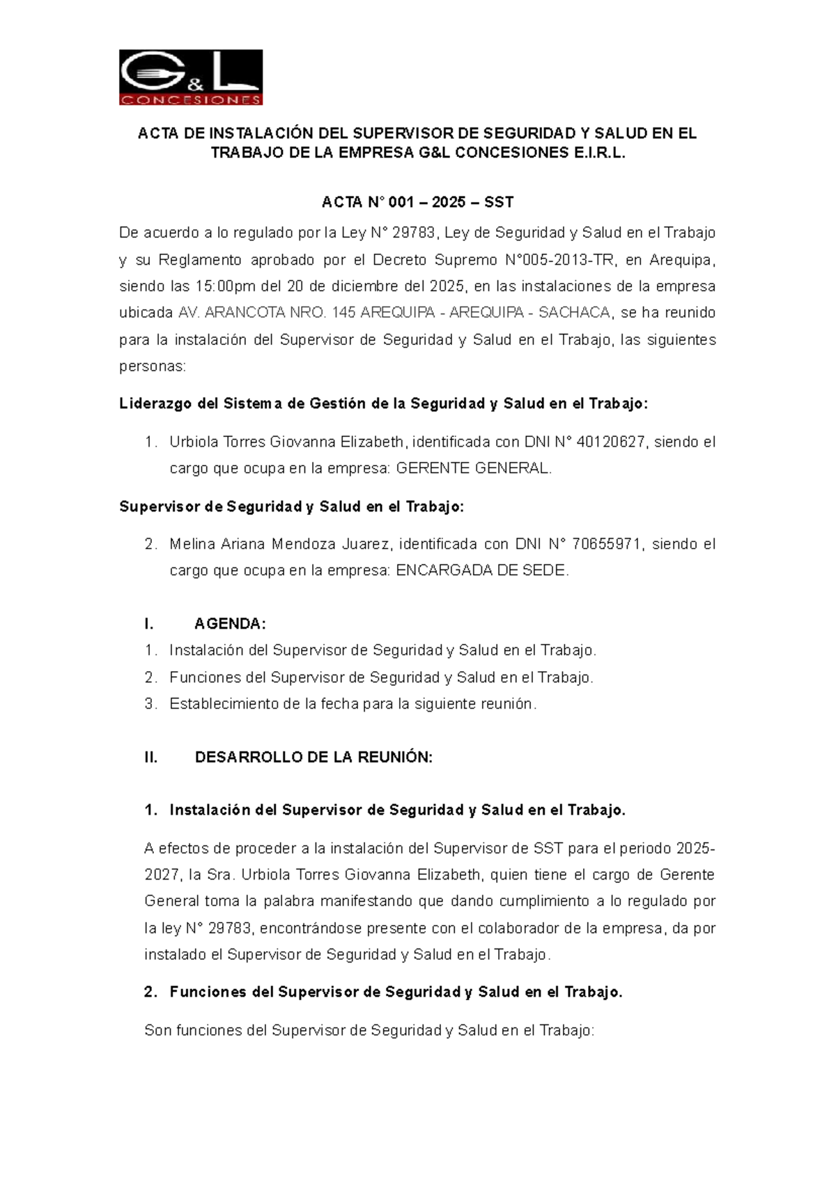 ACTA 001 2025 SST: Instalación del Supervisor de Seguridad y Salud ...