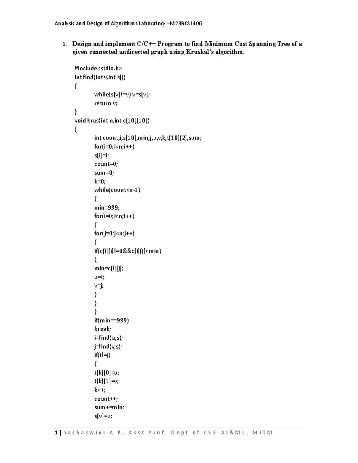 ADA LAB Manual M23BCSL406: Minimum Cost Spanning Tree & Algorithms ...