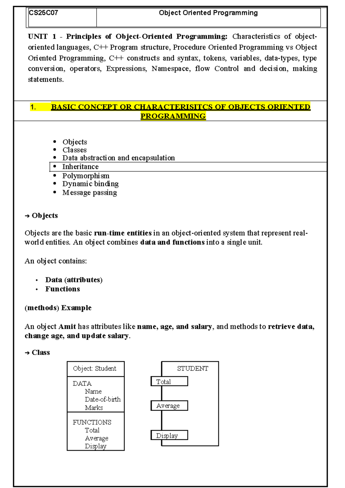 CS25C07 Object Oriented Programming: Unit 1 Overview and Key Concepts ...