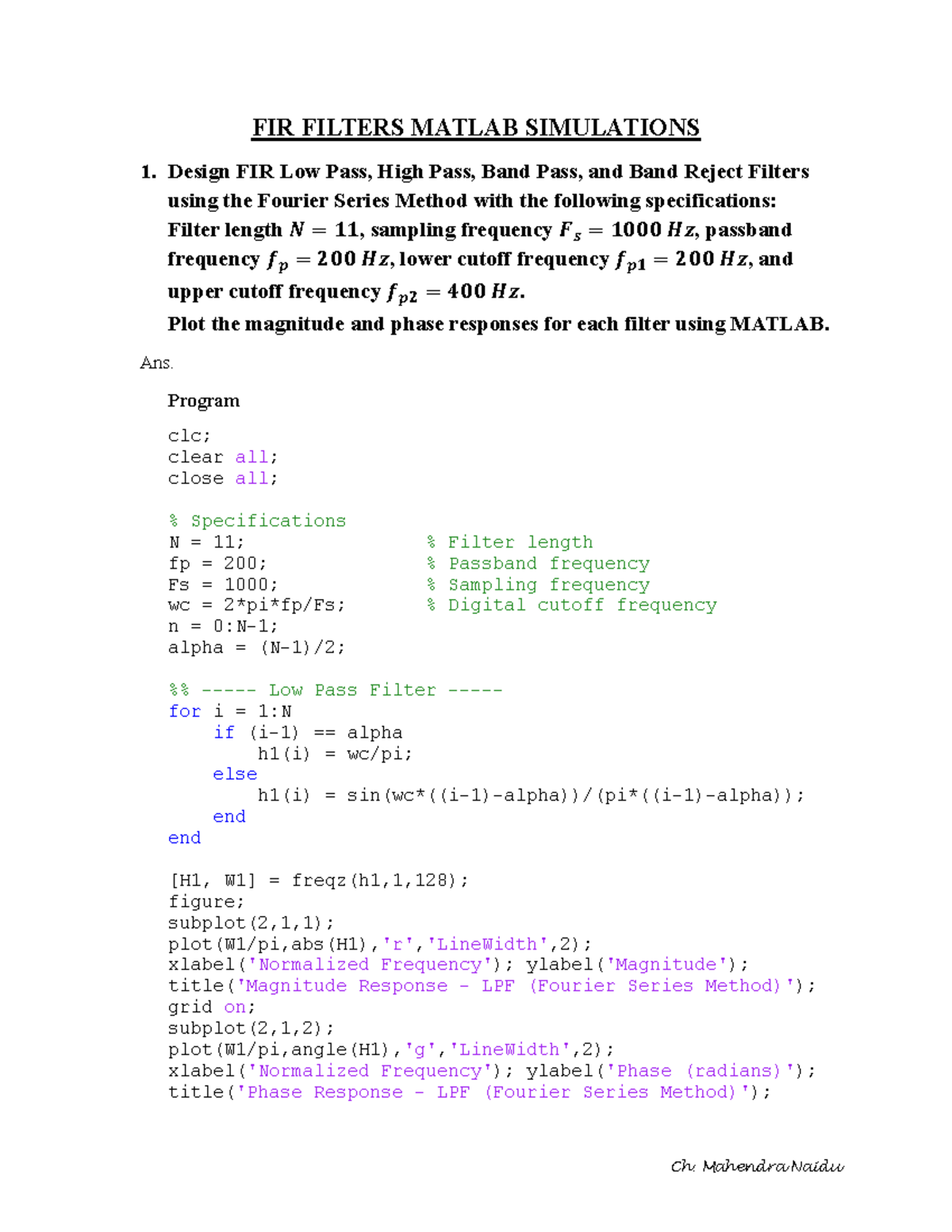 FIR FILTERS MATLAB SIMULATIONS: Design & Analysis of Various Filters ...