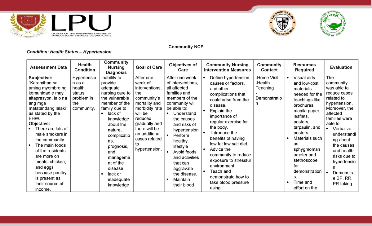 Sample Community NCP - Community NCP Condition: Health Status ...