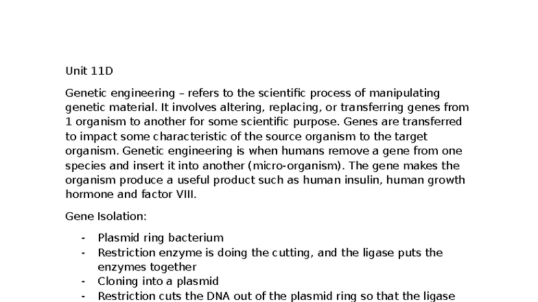 Unit 11D - Genetic Engineering: Concepts and Techniques Overview - Studocu