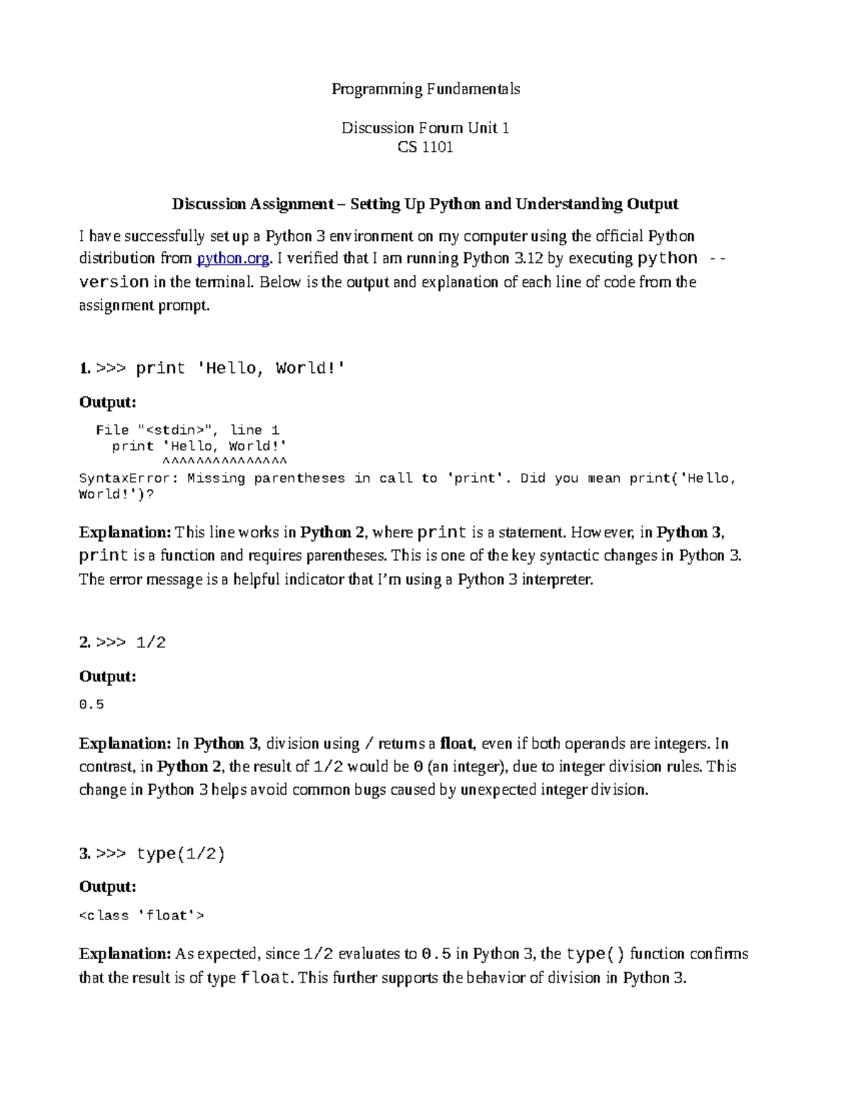 CS 1101 DF 1: Setting Up Python 3 & Understanding Output - Studocu