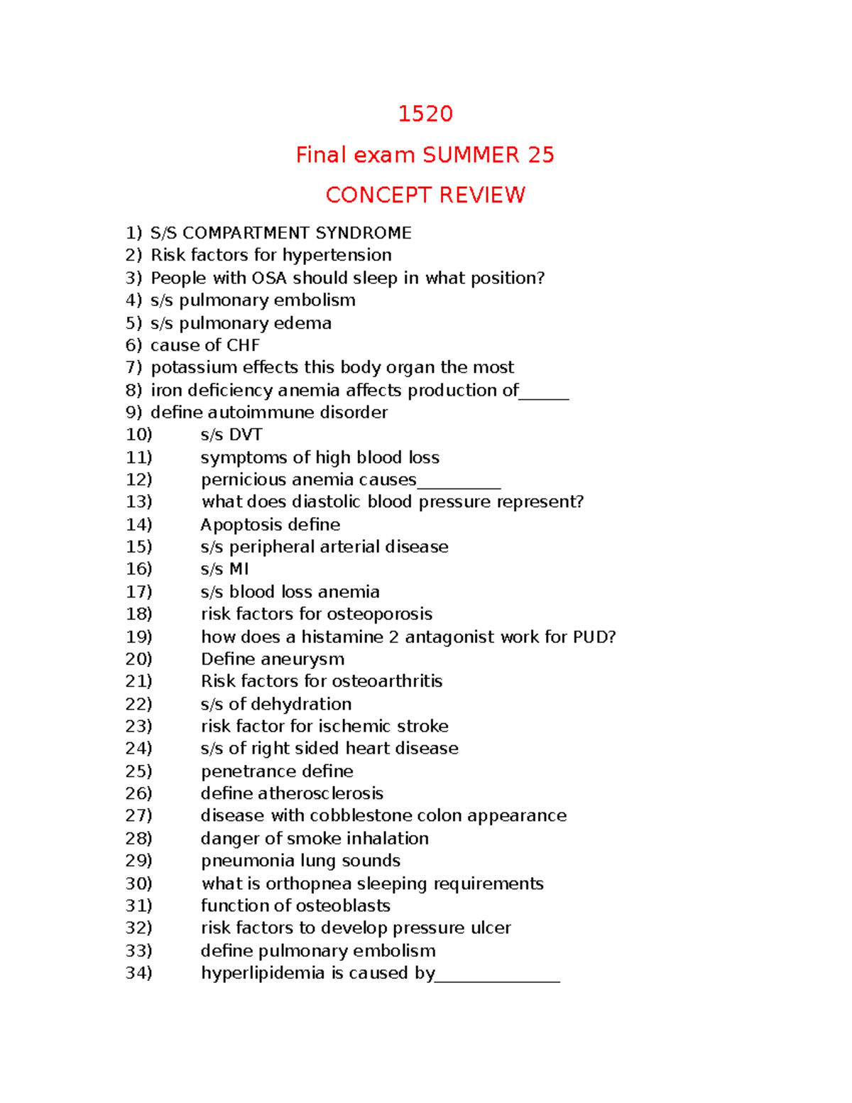 Final Exam Review for Nursing Concepts & Symptoms (1520 SUMMER 25 ...