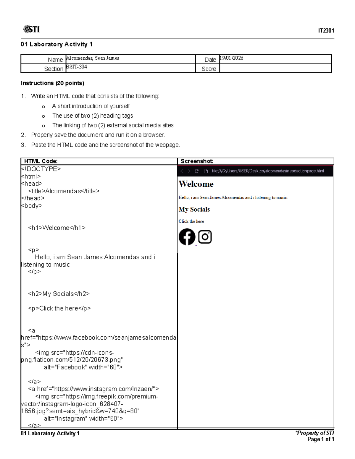IT2301 01 Lab Activity 1: HTML Code & Webpage Screenshot - Studocu