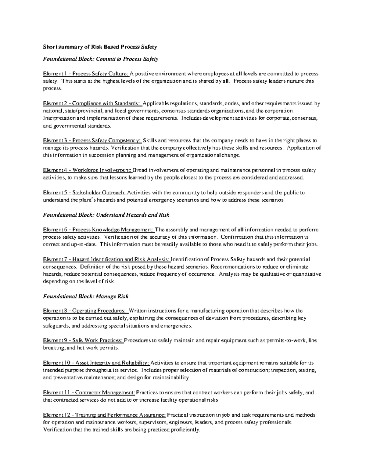 Risk Based Process Safety Summary: Key Elements & Practices - Studocu
