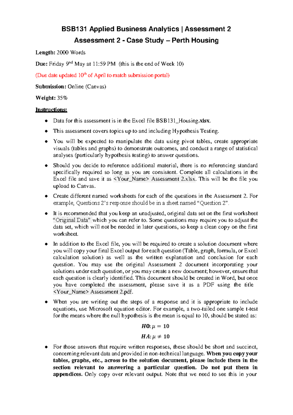 BSB131 Applied Business Analytics Assessment 2 Case Study: Perth ...