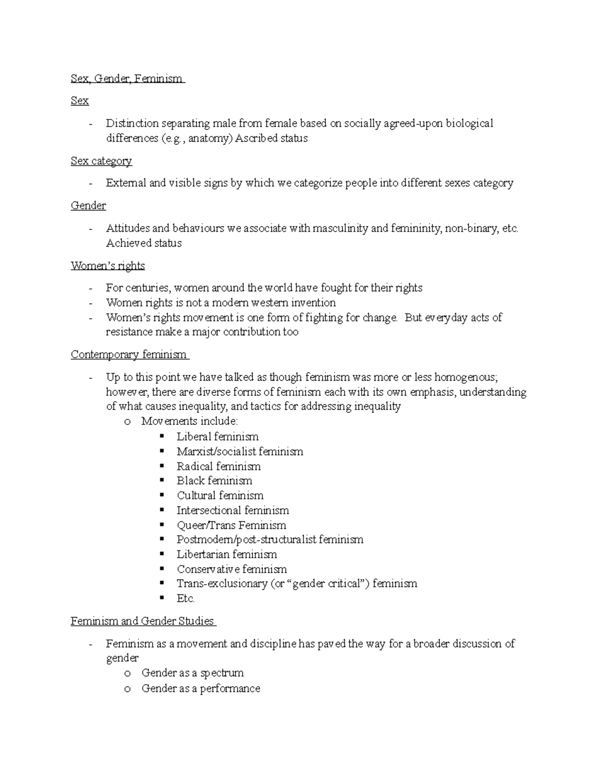 Sex, gender - Lecture and chapter Notes - Sex, Gender, Feminism Sex ...