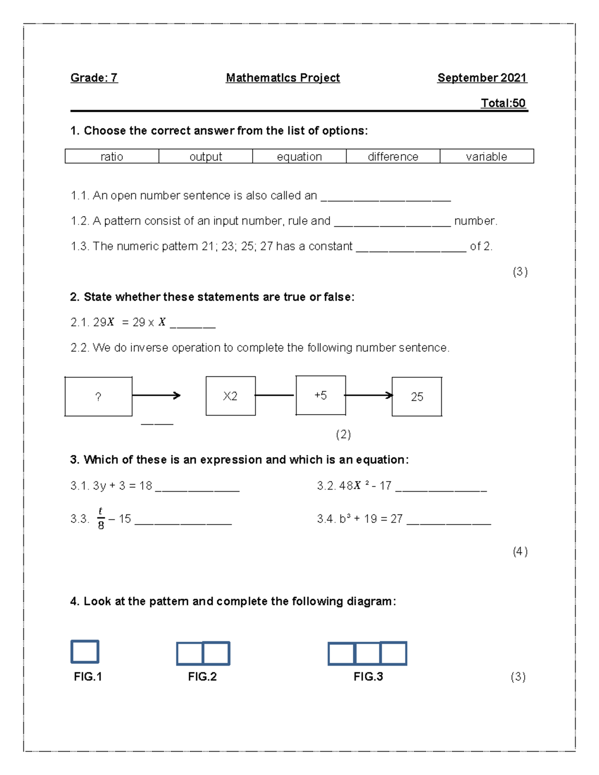 Grade 7 Maths Project: Patterns, Equations, and Functions - Studocu