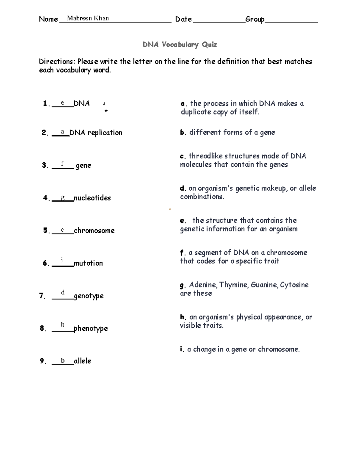 DNA Vocab - DNA - Name Directions: Please write the letter on the line ...