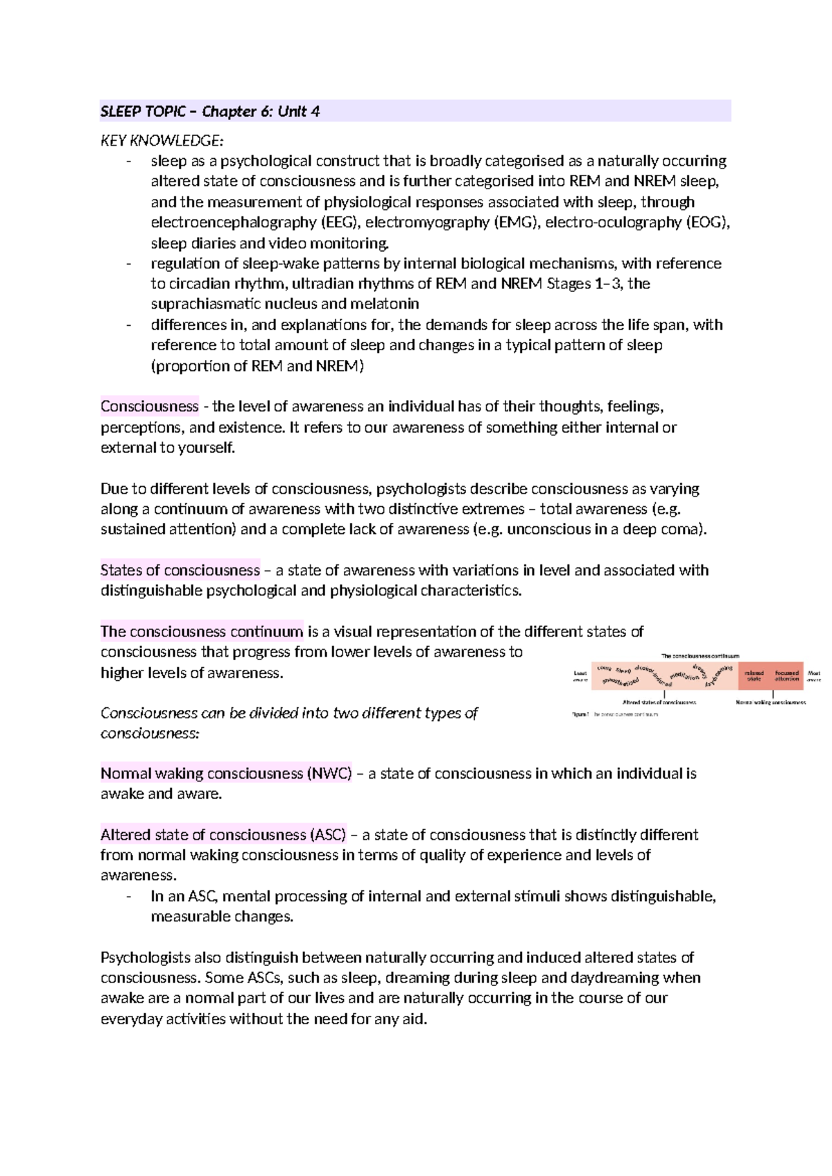 Chapter 6: Unit 4 Study Notes on Sleep and Consciousness (PSY101) - Studocu
