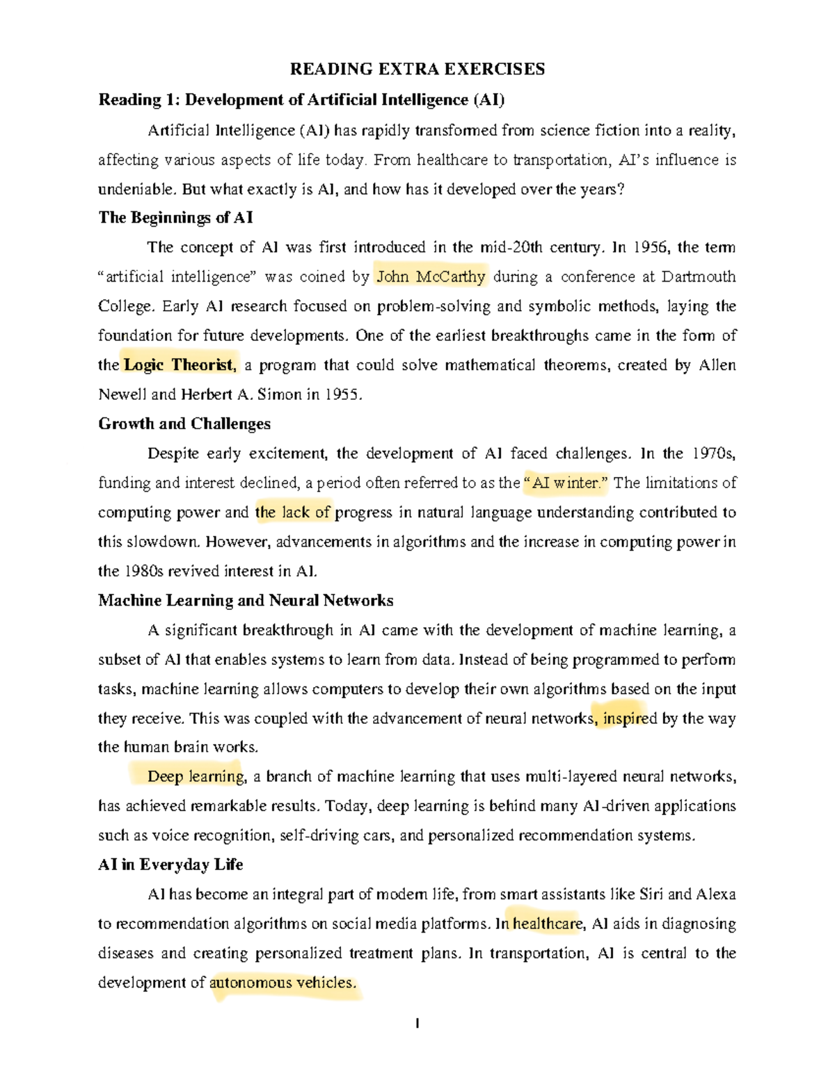 AI Development Overview: Extra Reading Exercises (Reading 1) - Studocu