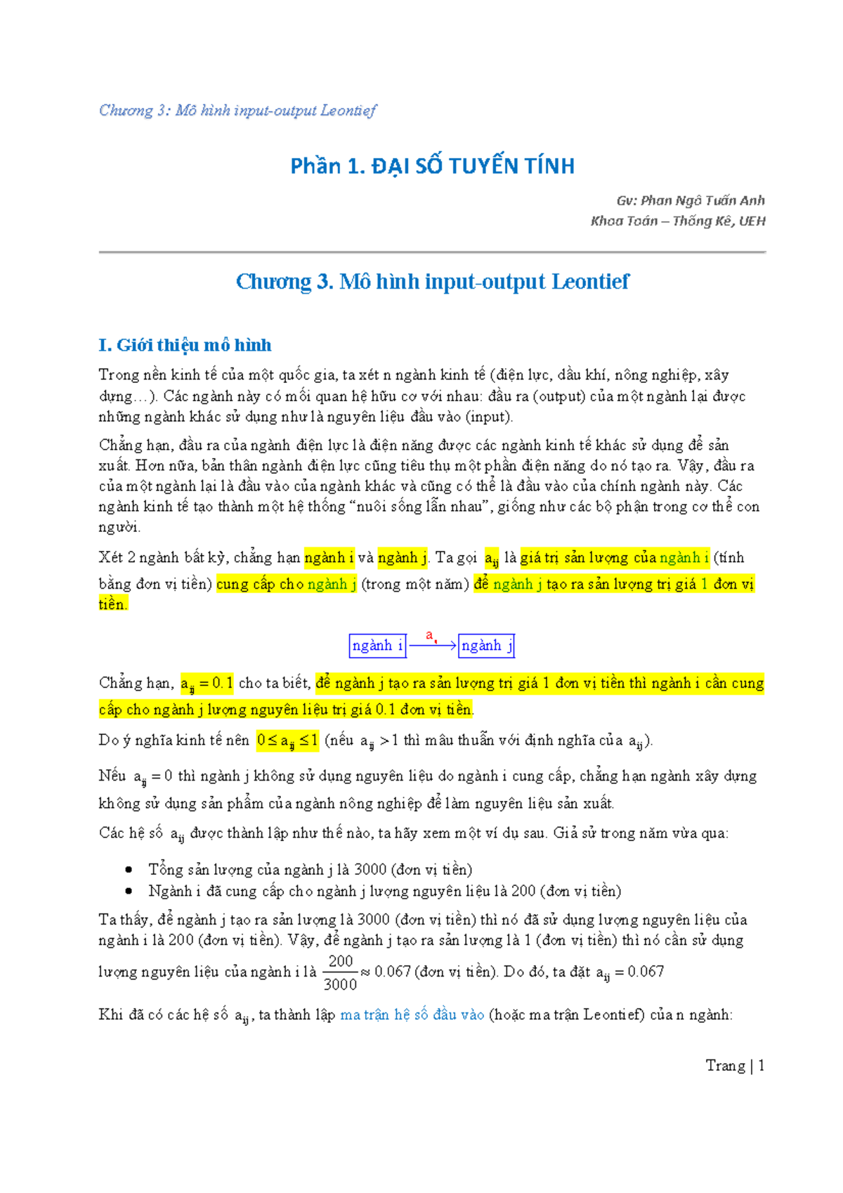 Chương 3 - Mô hình input-output Leontief - Phần 1. ĐẠI SỐ TUYẾN TÍNH Gv ...