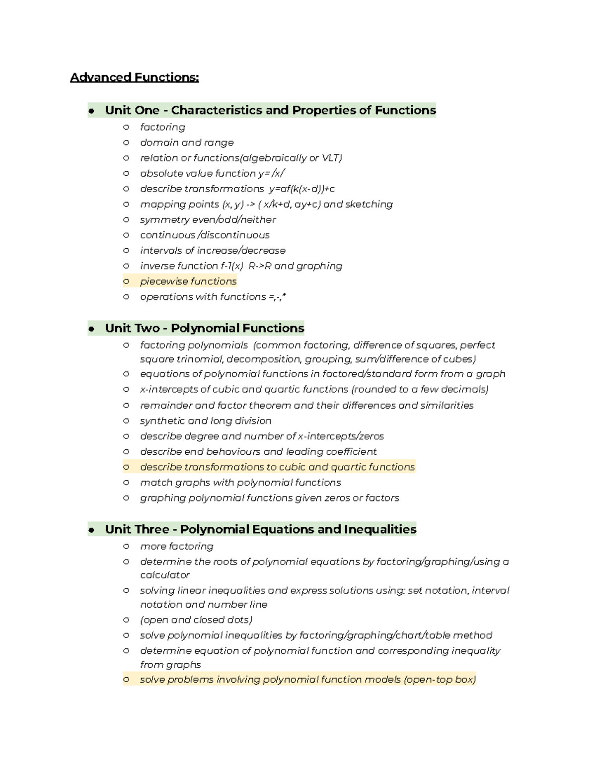 Advanced Functions Exam Study Outline (MATH 123) - Studocu