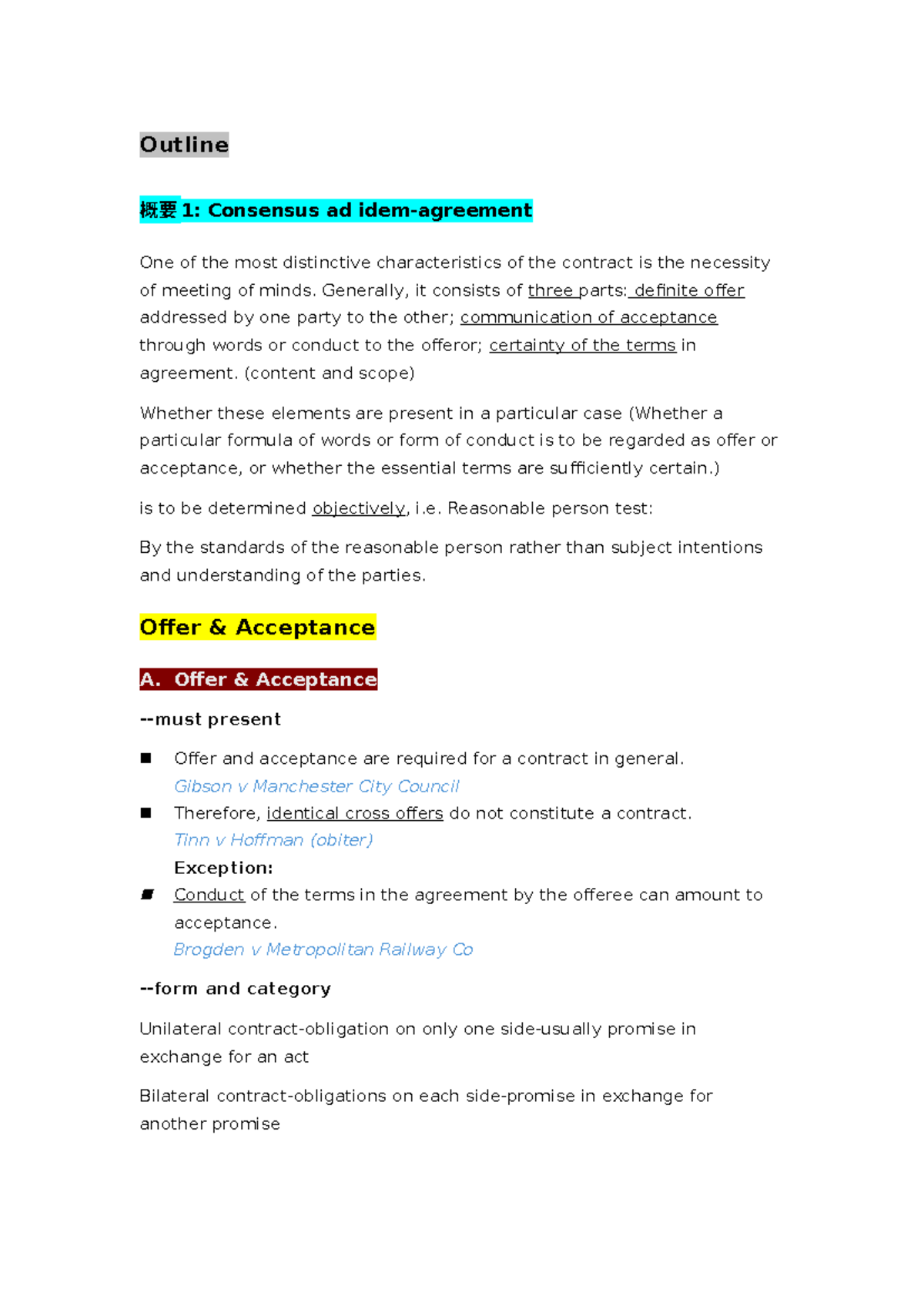 Contract Outline: Offer, Acceptance, and Legal Principles - Studocu
