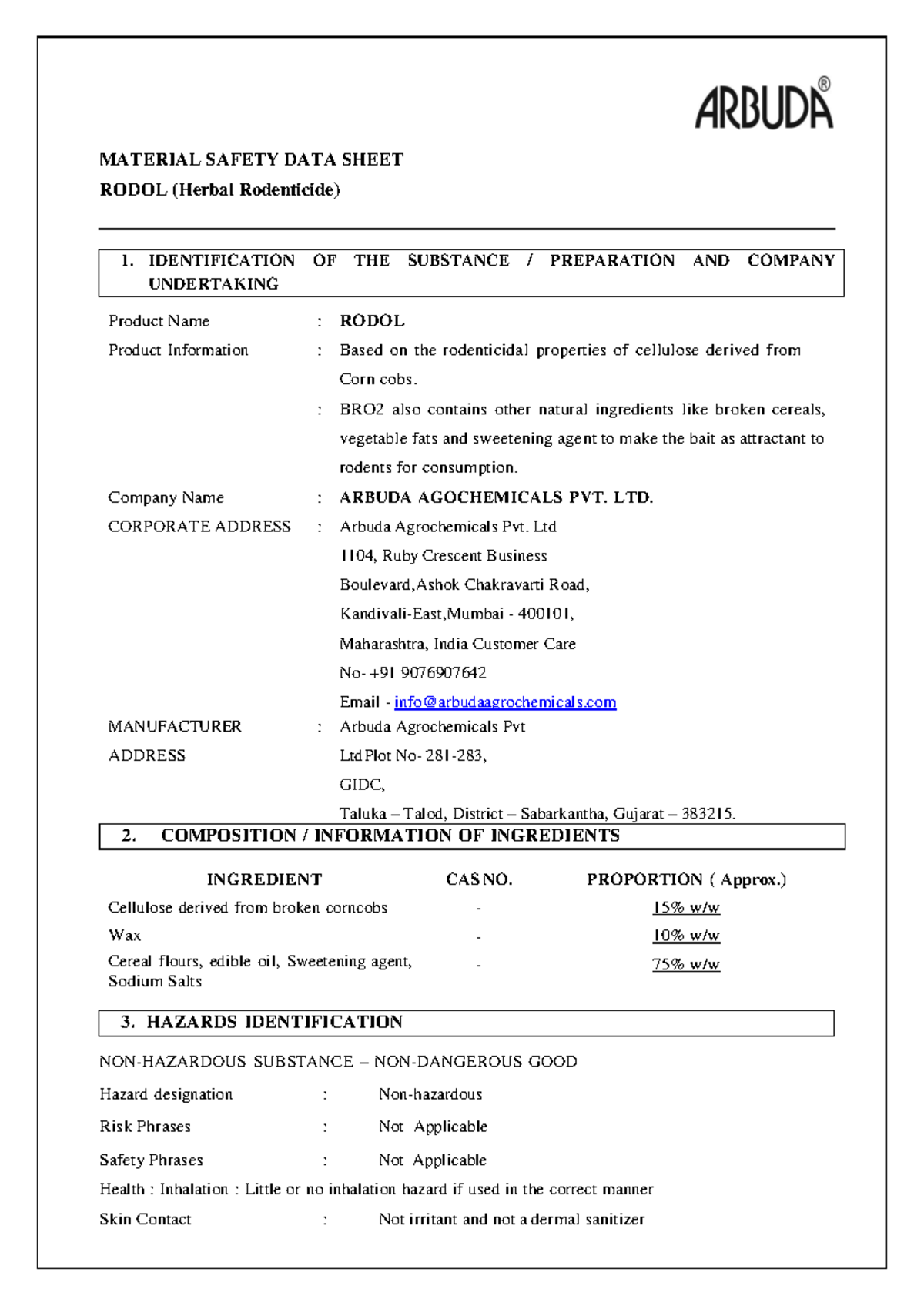 Arbuda - RODOL Herbal Rodenticide MSDS Document - Studocu