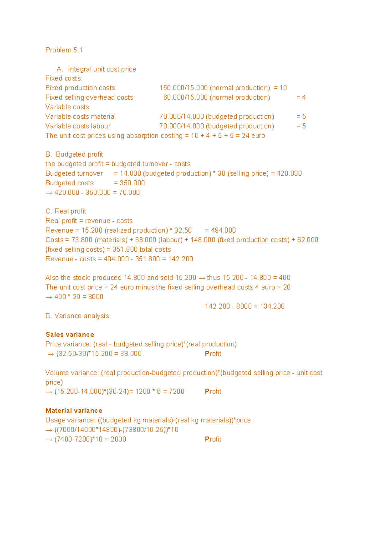 BEC Case Study 5 - Comprehensive Profit and Variance Analysis - Studeersnel