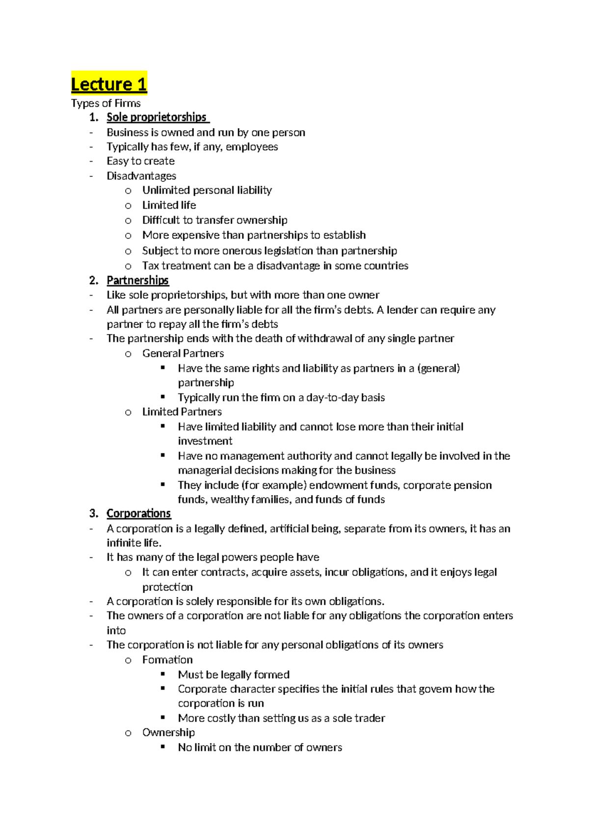 IF Notes - Lecture 1 Types of Firms 1. Sole proprietorships - Business ...