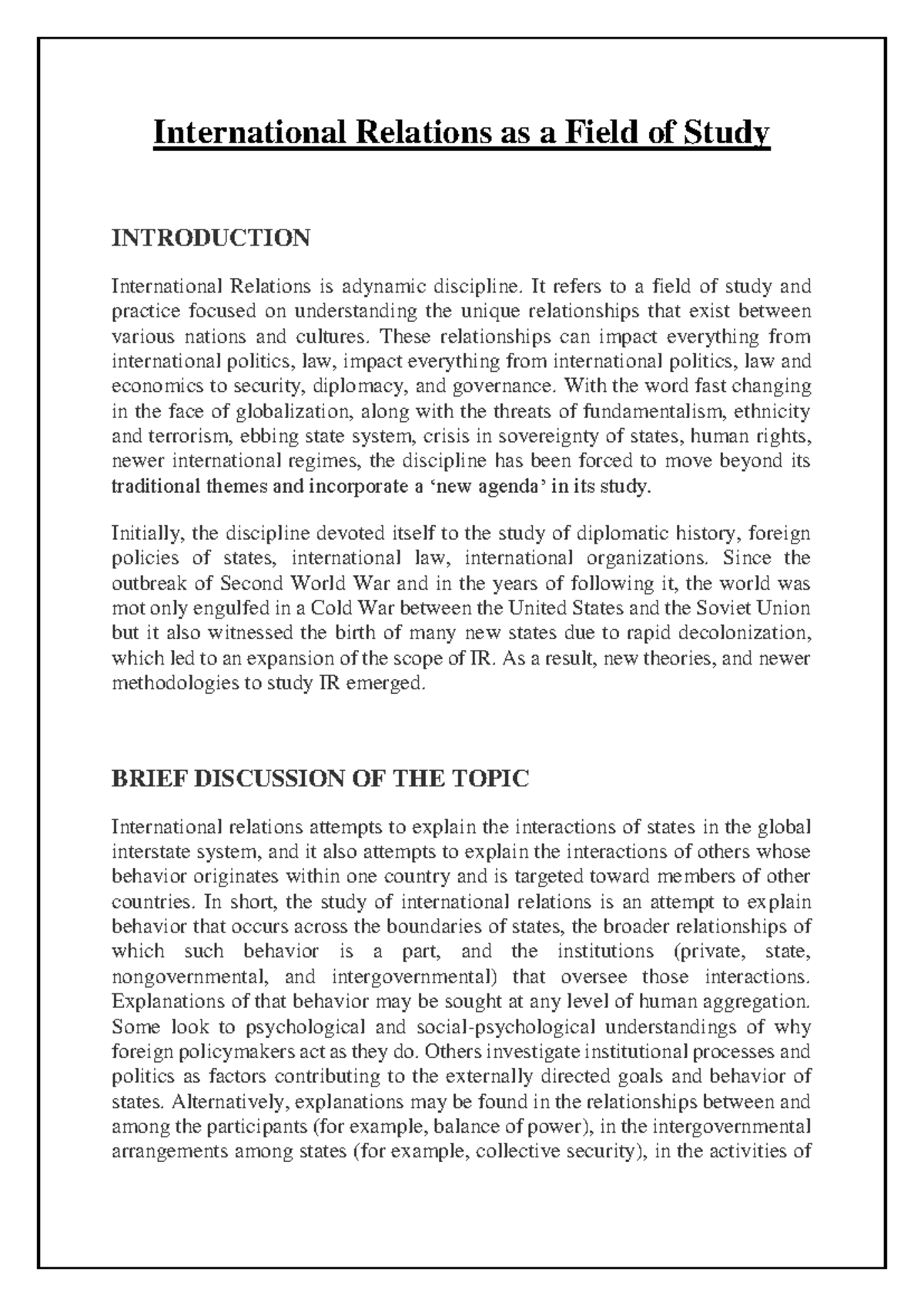 International Relations as a field of study - International Relations ...