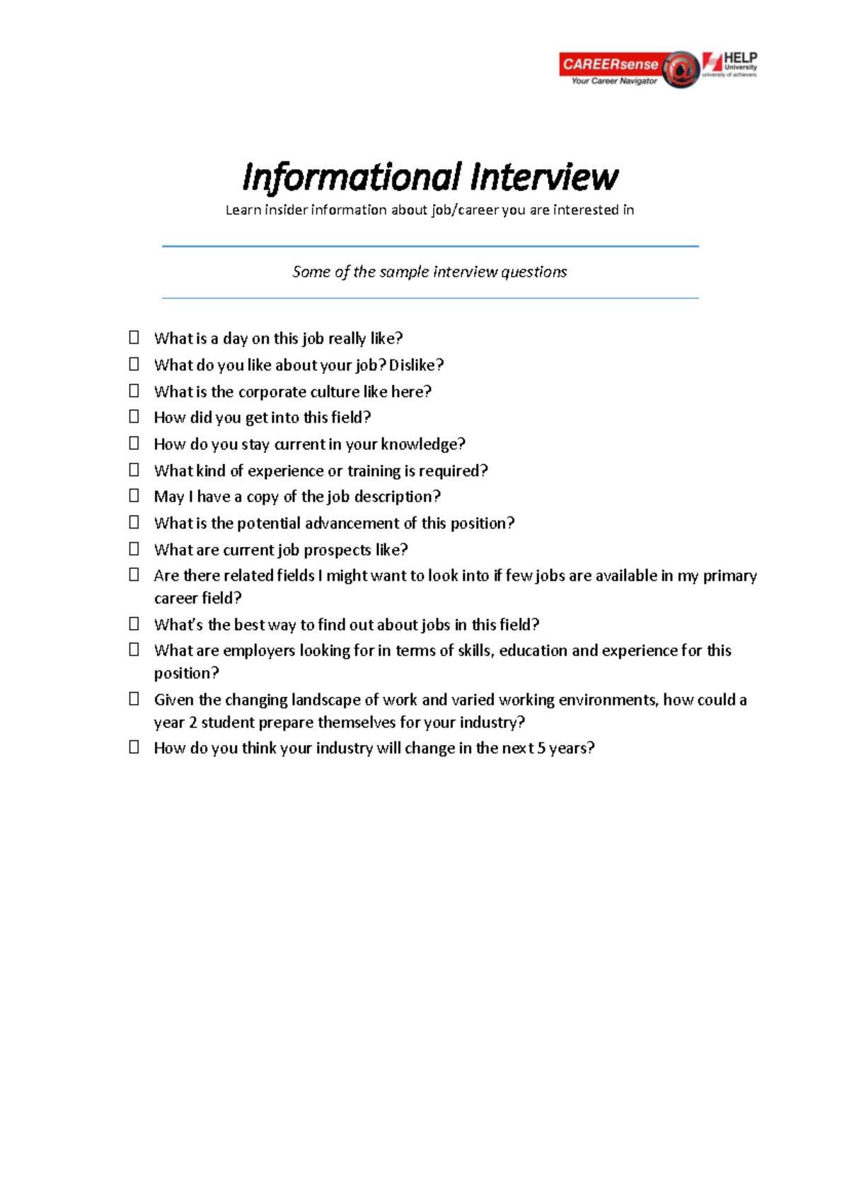 Assignment 1 Career Plan (Informational Interview Questions) (UFM July ...