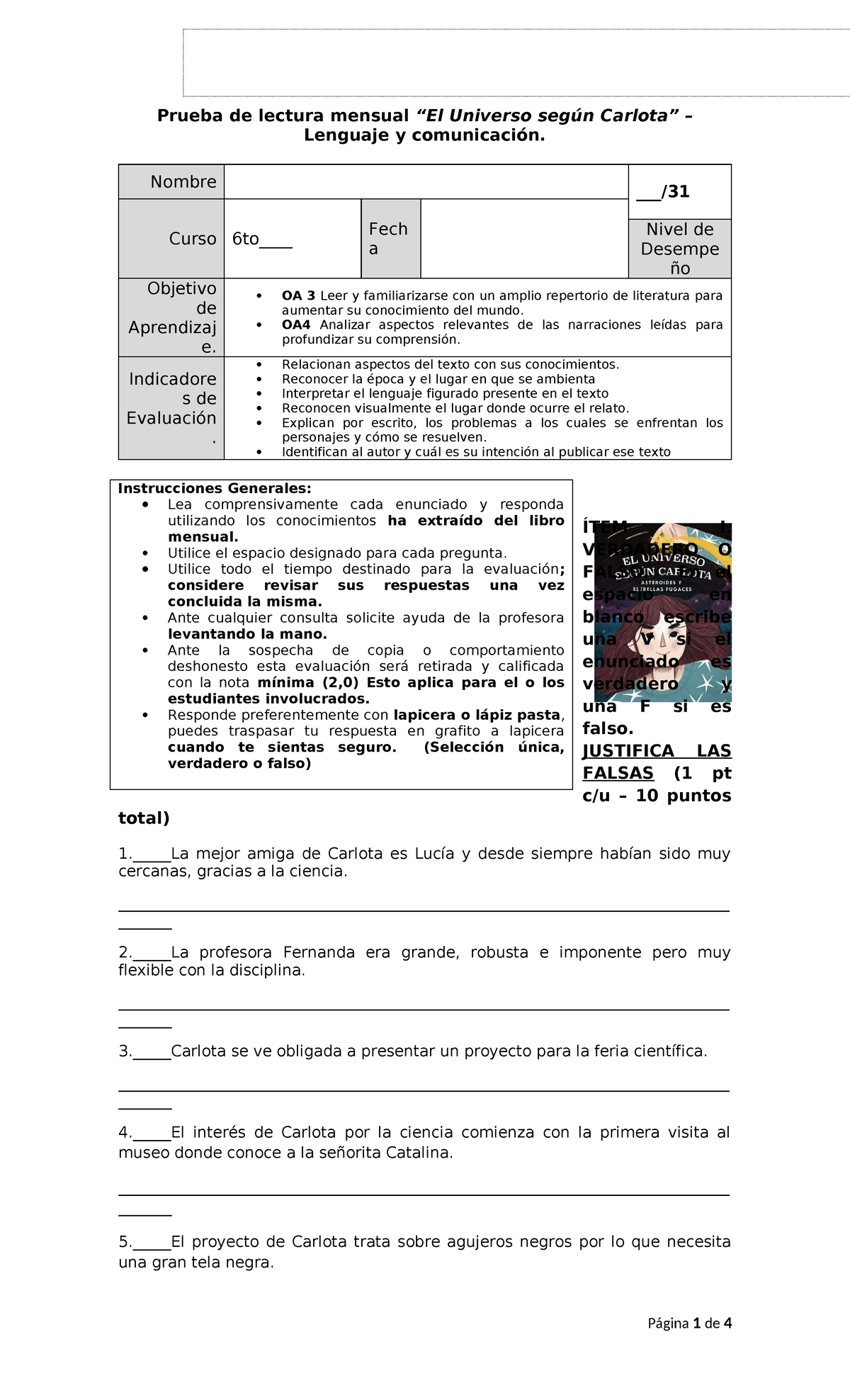 Evaluación Mensual: EL Universo Según Carlota - 6TO Básico - Document Preview