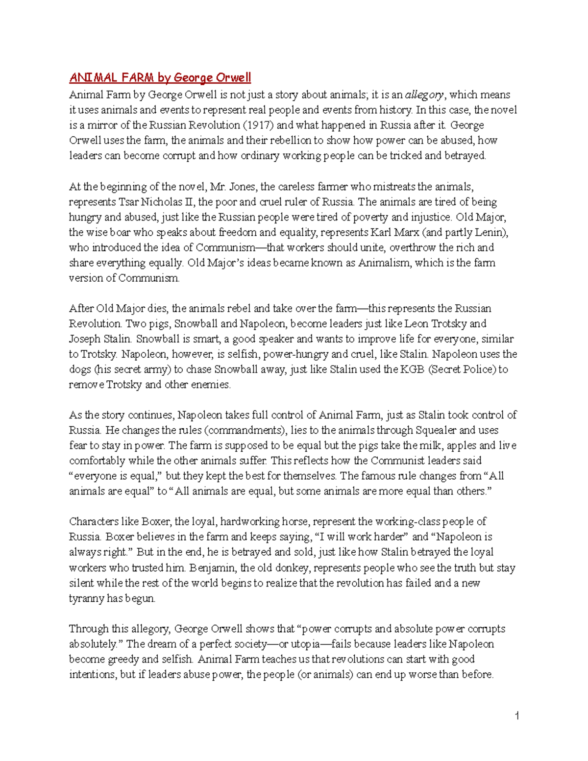 Animal Farm (ENG 101) - Chapter Summaries and Analysis - Studocu