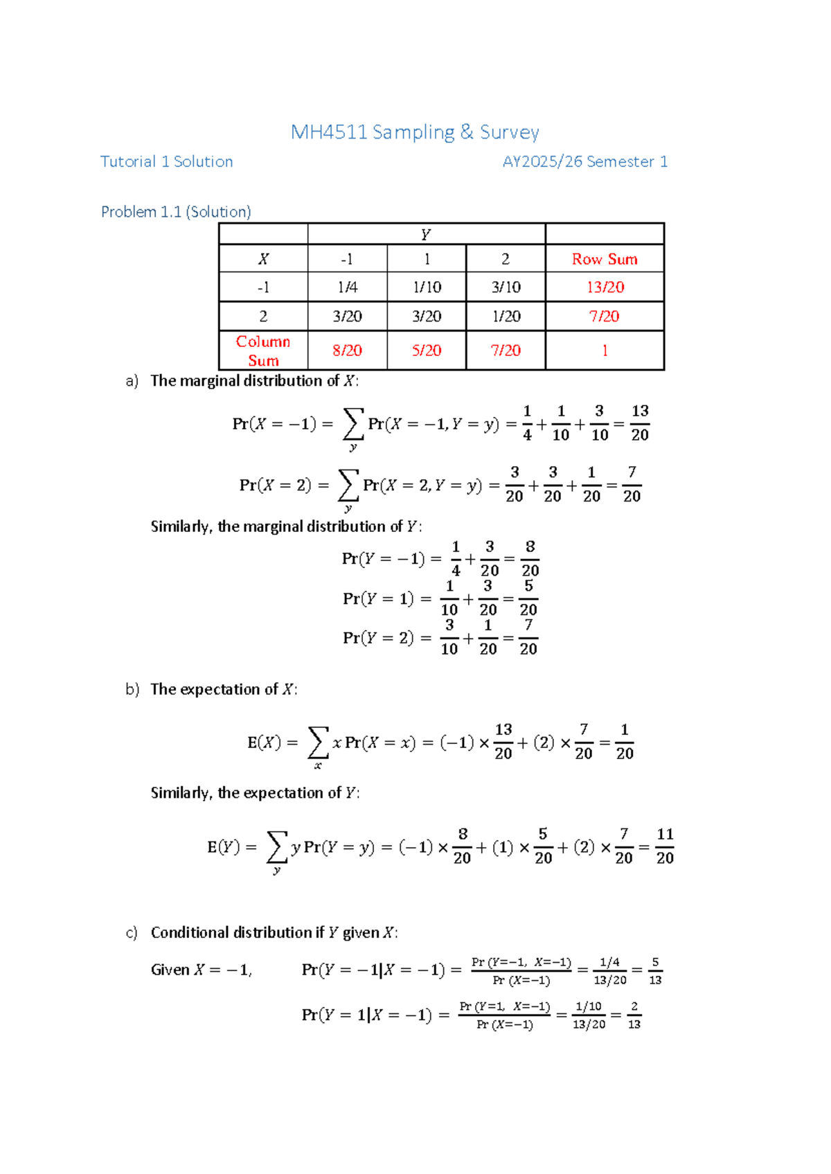 MH4511 Sampling Survey Tutorial 01 Solutions for Semester 1 - Studocu