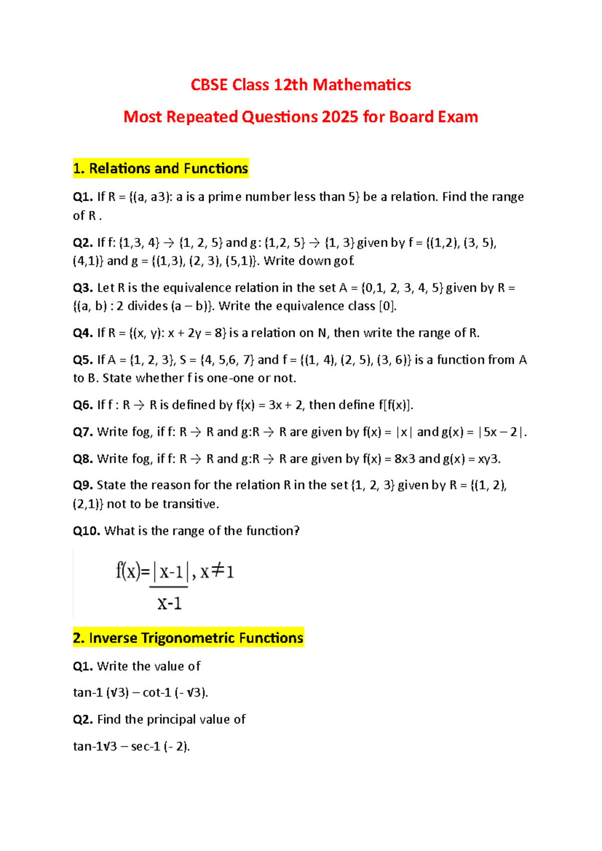 CBSE Class 12 Mathematics Most Repeated Questions for Board Exam 2025 ...