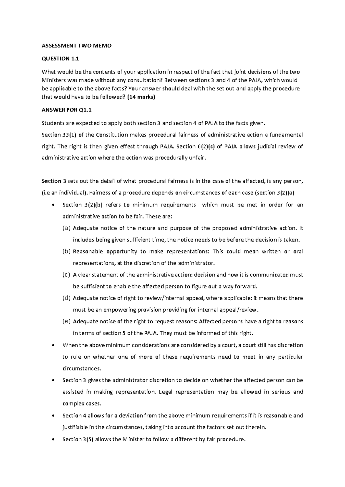 IURI 415 Assess 2 Part 1 Memo: Analysis of PAJA Procedures - Studocu
