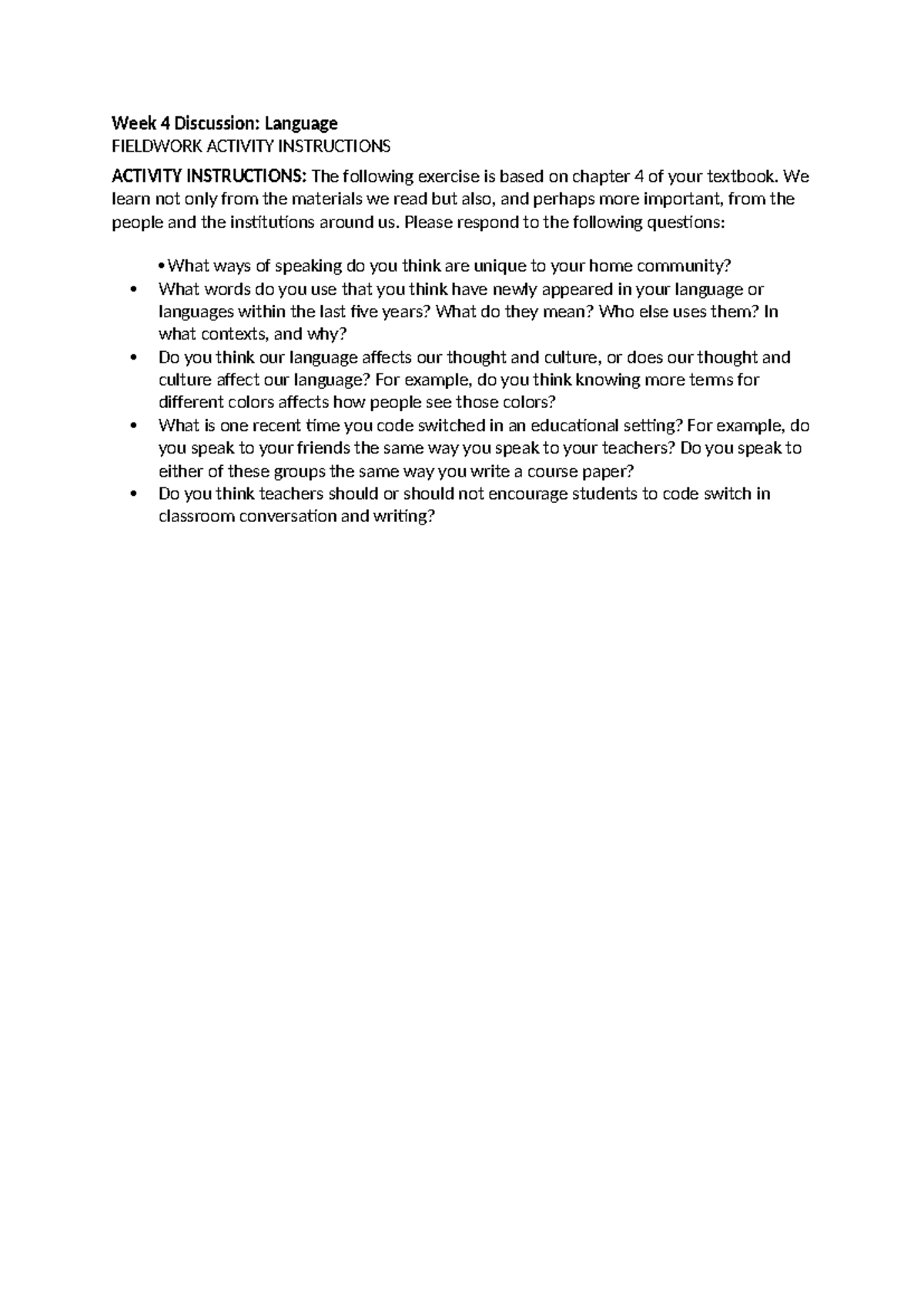 Week 4 Discussion: Language Fieldwork Activity Insights - Studocu