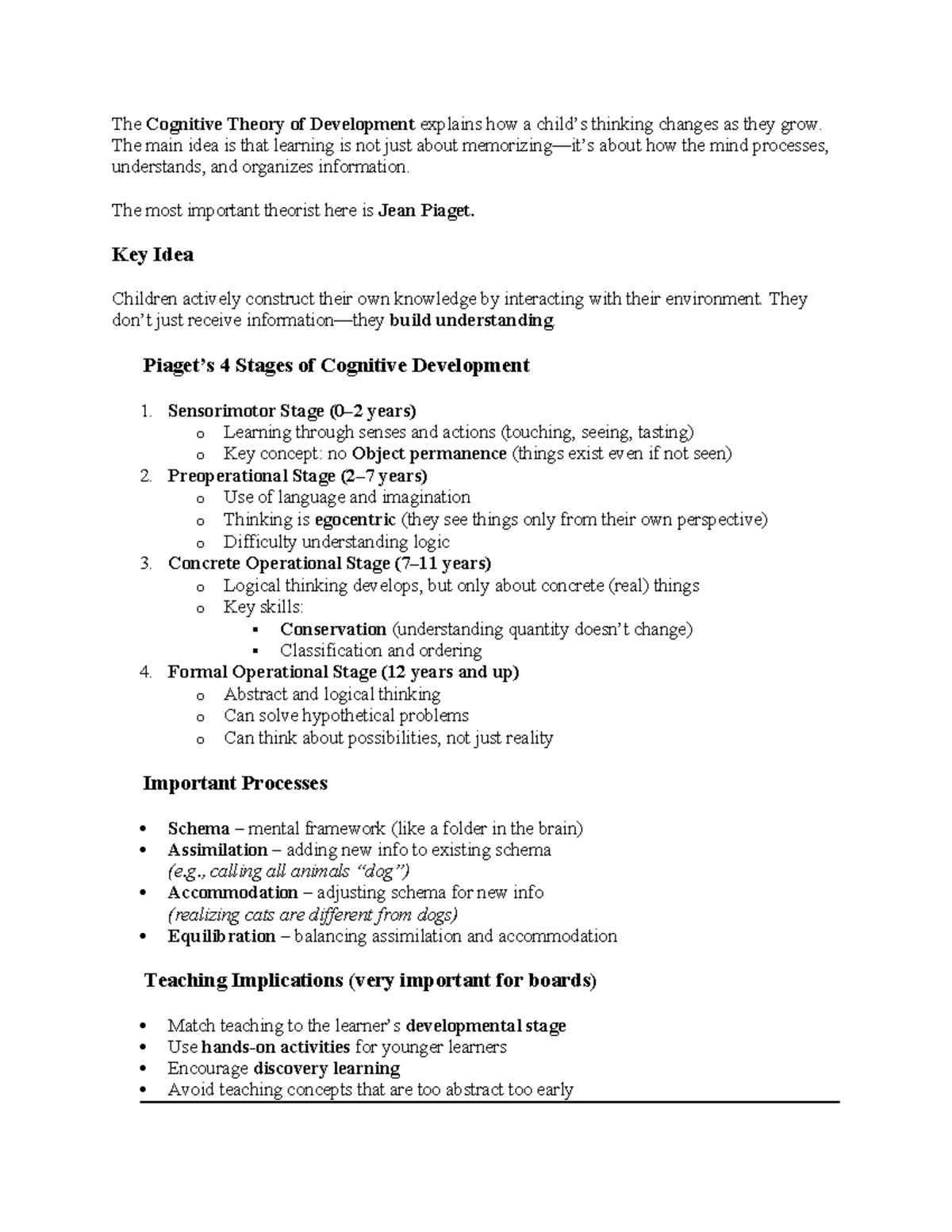 Cognitive Development Theories: Insights for PROF ED Review - Studocu