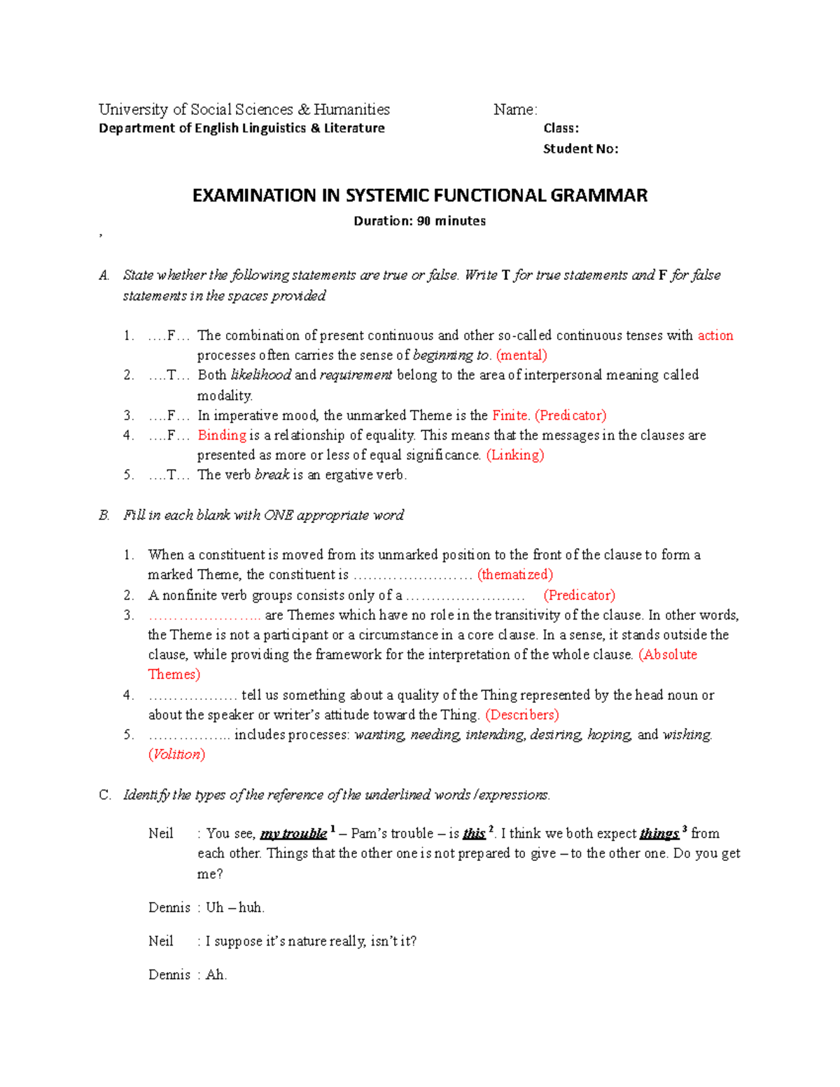 Functional Grammar Examination (708282041) - Systemic Analysis and ...