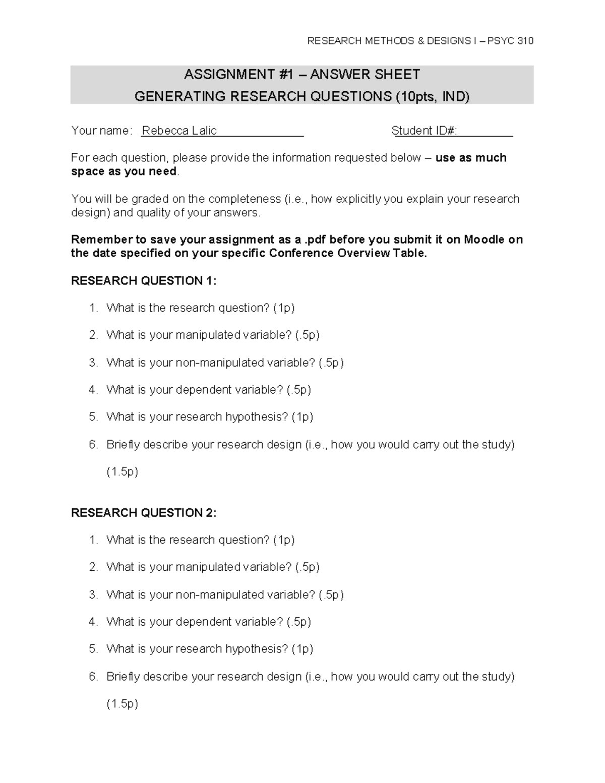 PSYC 310 Assignment 1: Generating Research Questions Answer Sheet - Studocu